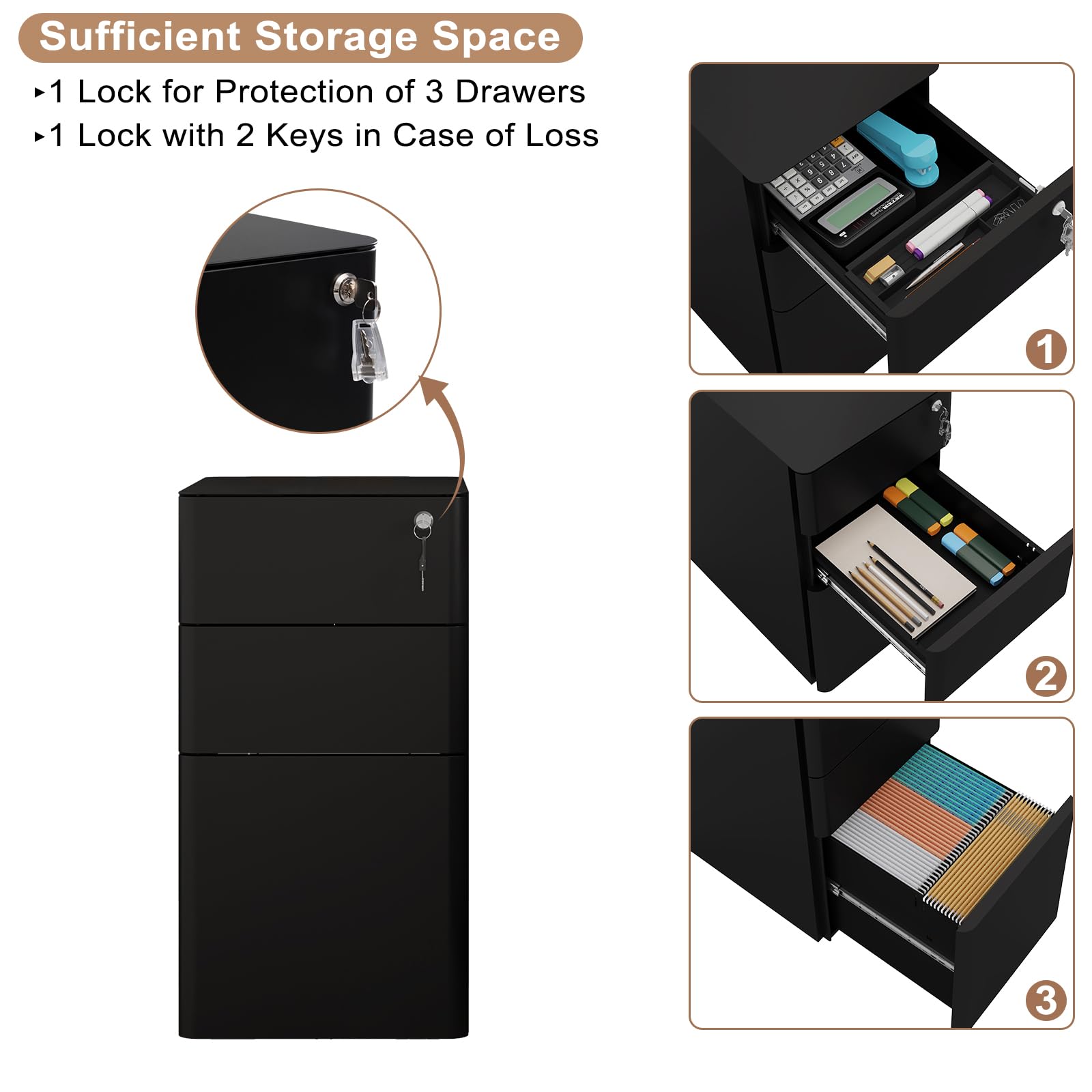 WOLTU Cassettiera a 3 Cassetti, Schedario da Ufficio in Metallo, Organizer per Documenti con 5 Ruote, Cassettiera con Chiave, per Formato A4 Letter Legal in Studio, 30x45x60cm, Nero, ASK10sz