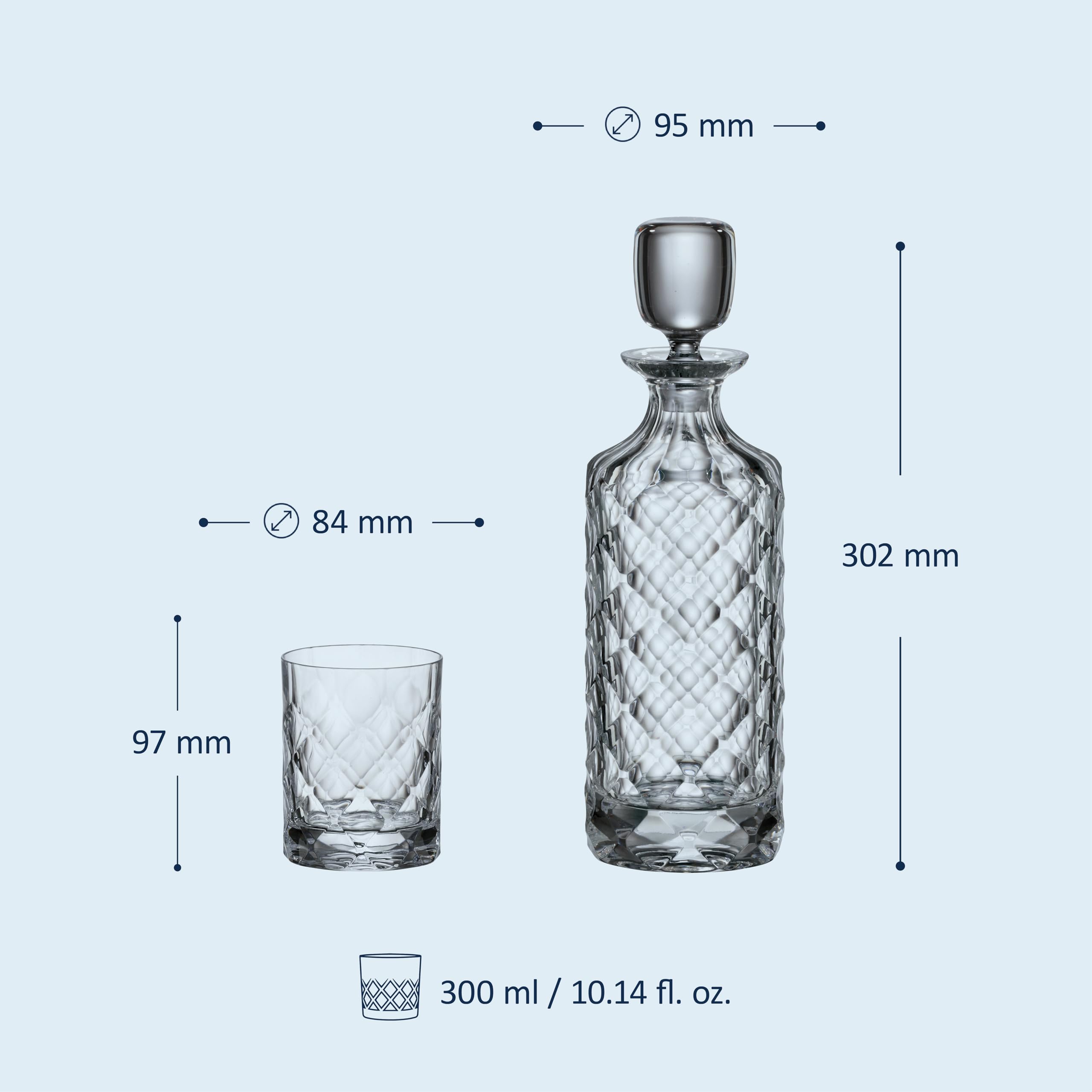 Crystal Bohemia Whiskyglas-Set - Spülmaschinenfeste Karaffe und 6 kratzfeste Whiskygläser (je 300 ml) - Perfekt für Familien, im Freien, Restaurants und Partys - Geschenkidee aus Kristallglas