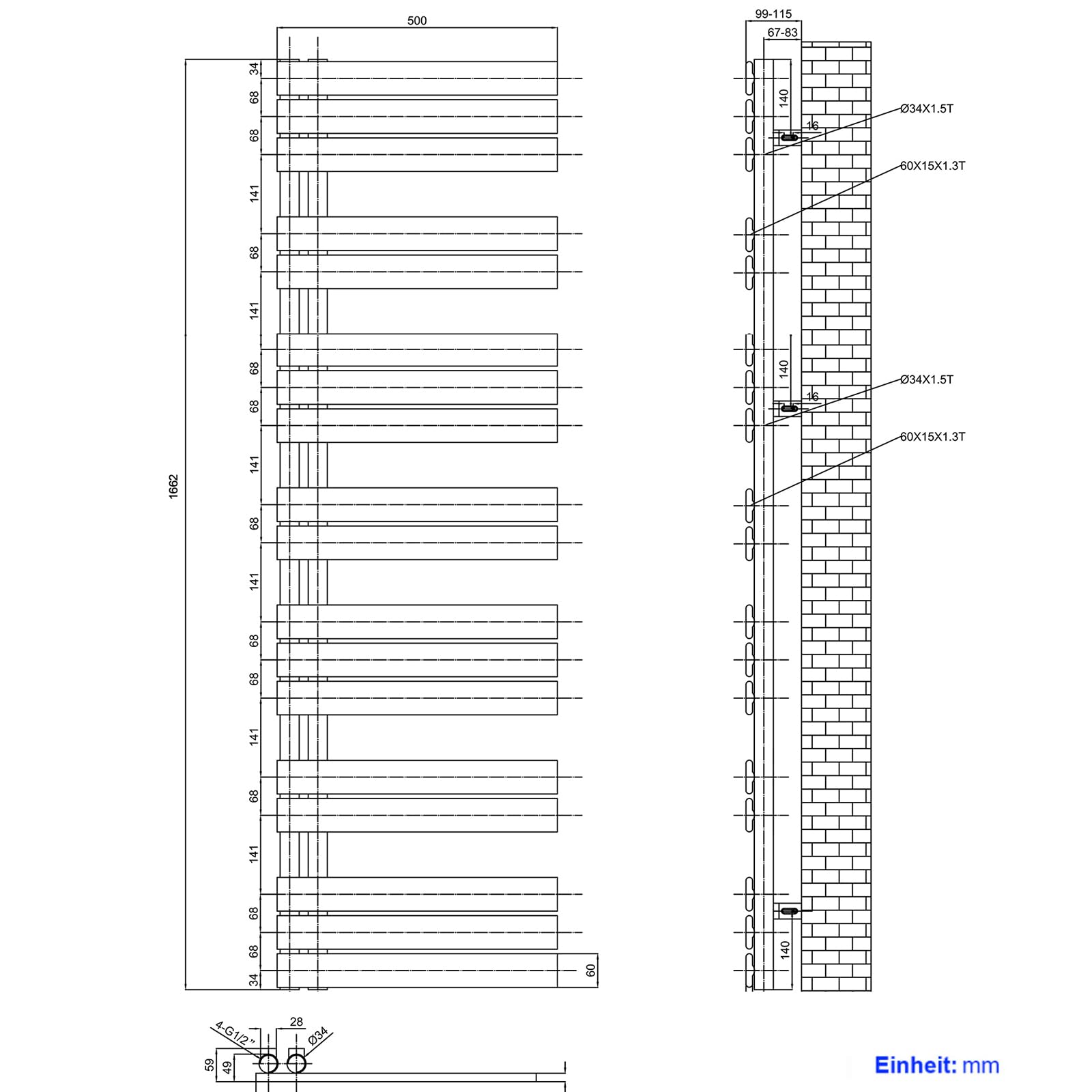 Heilmetz Sèche-Serviettes à Eau Chaude, radiateur sèche-Serviettes Plat, 500 x 1662 mm, raccordement latéral pour sèche-Serviettes à Eau Chaude, Blanc