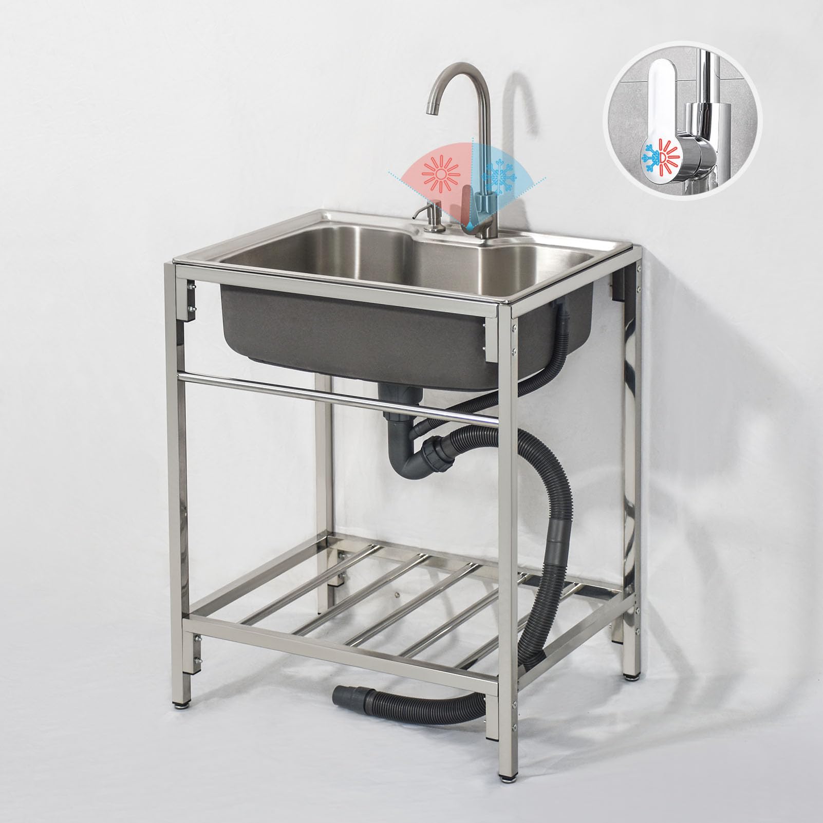 Mobile Lavabo Esterno Balcone Lavello in acciaio inox Freestanding lavandino da esterno Sink 1 vasca con rubinetto lavare bacino a mano per Garage Lavanderia