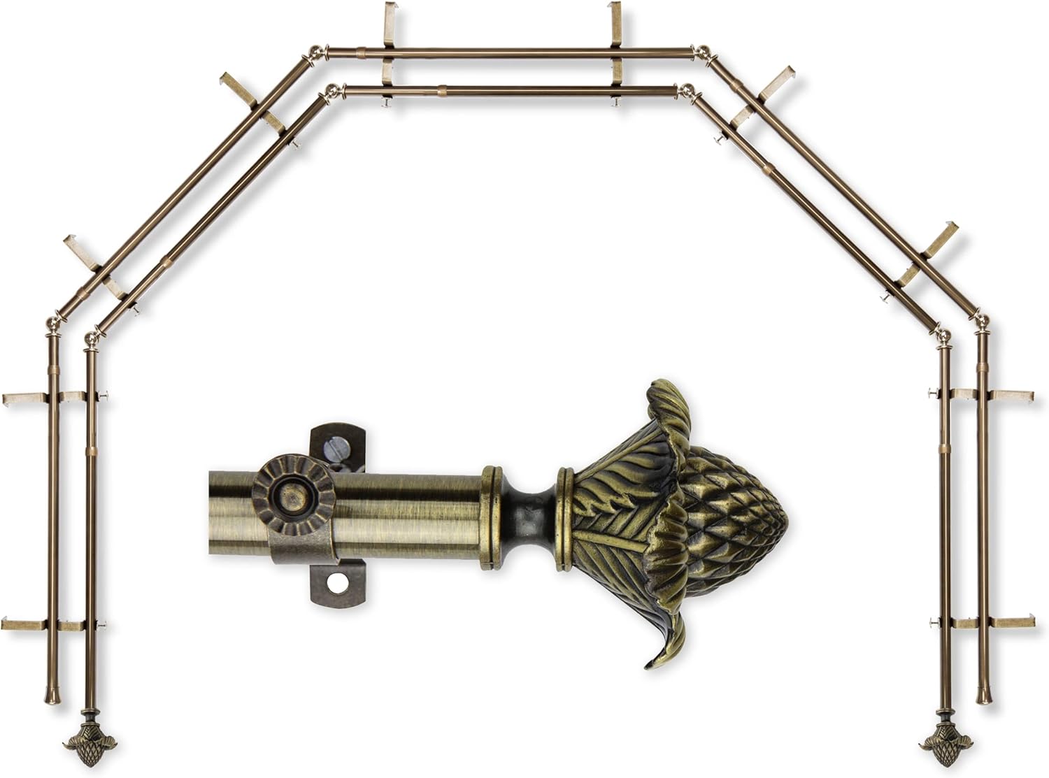 A&F Rod Décor - Emerge 13/16" 5-Sided Double Bay Window Curtain Rod - Antique Brass