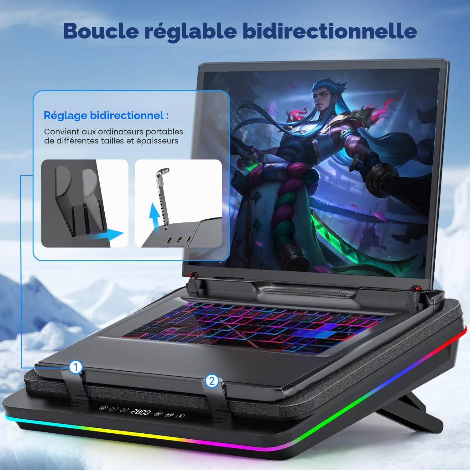 IETS GT600 Tapis de refroidissement RVB pour ordinateur portable avec ventilateur turbo géant (14 cm de diamètre), mousse scellée pour un refroidissement rapide, refroidisseur d'ordinateur portable de