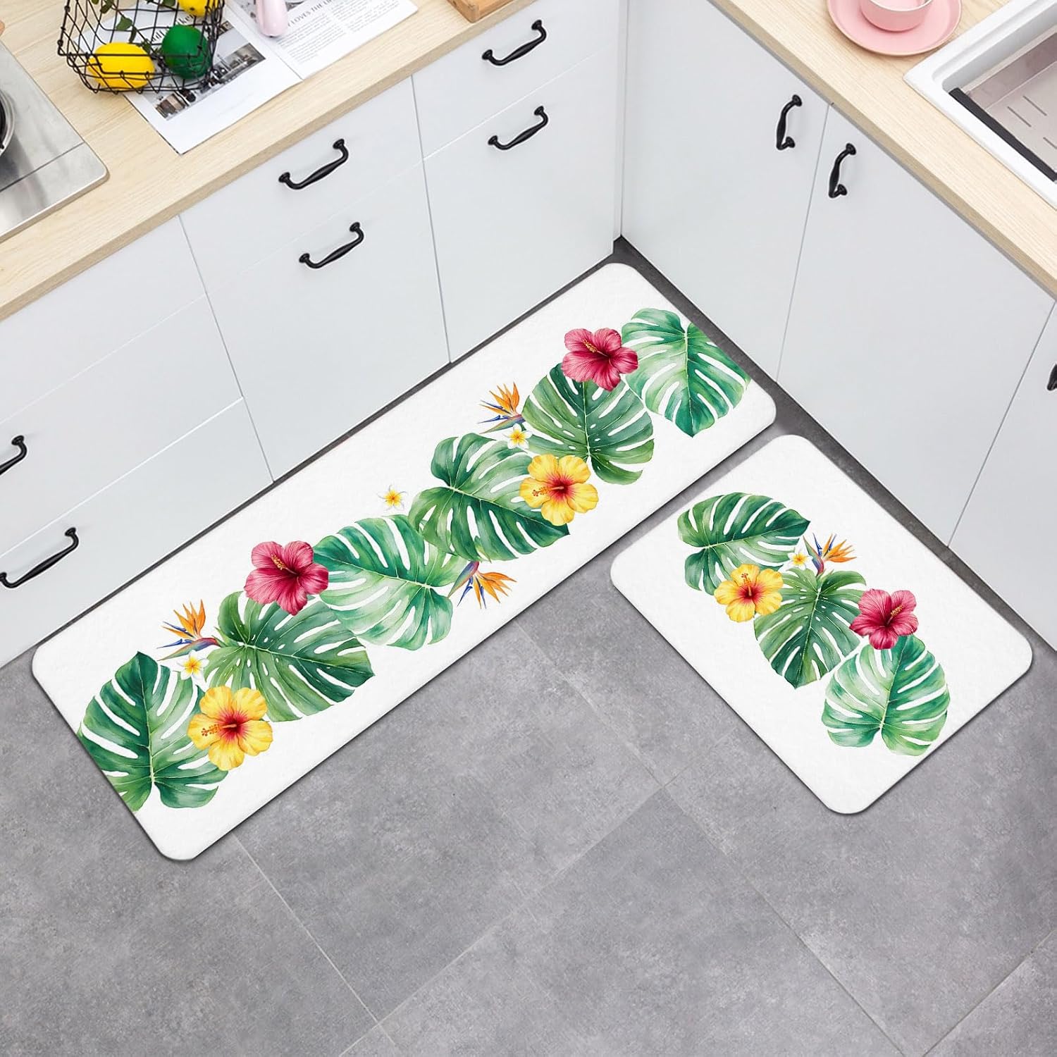 Green Monstera Leaf Kitchen Mats Set of 2 Yellow Flower Summer Tropical Plant Non Slip Mat Washable Floor Rug for Kitchen Sink Floor Laundry, 15.7"x23.6"+15.7"x47.2"