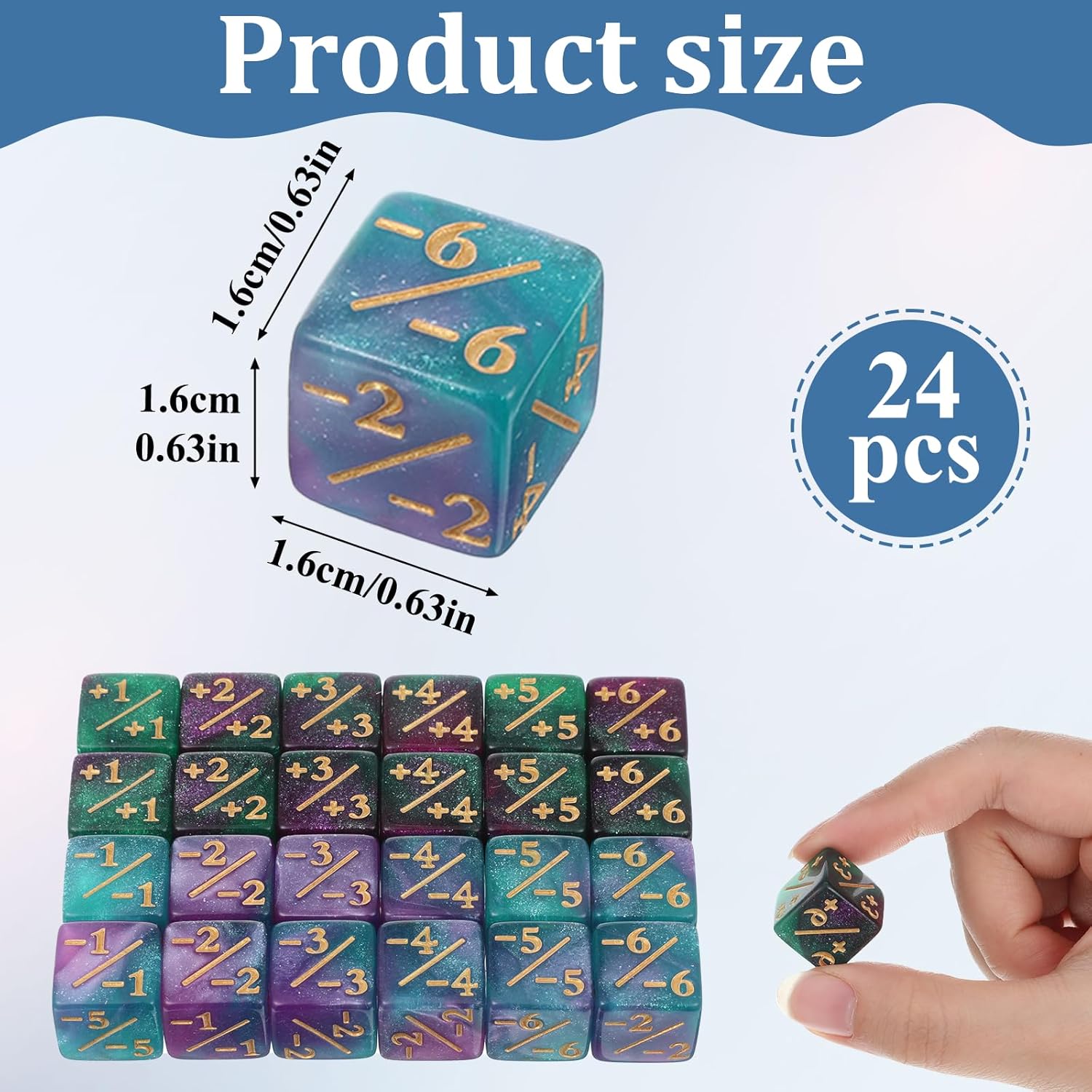 Token Dice Counter, 24 Pcs 1/+1 MTG Counter Dice D6 Plus and Minus Dices Kit Acrylic Board Game MTG Accessories for M-TG CCG Card Gaming (Blue&Purple&Green)