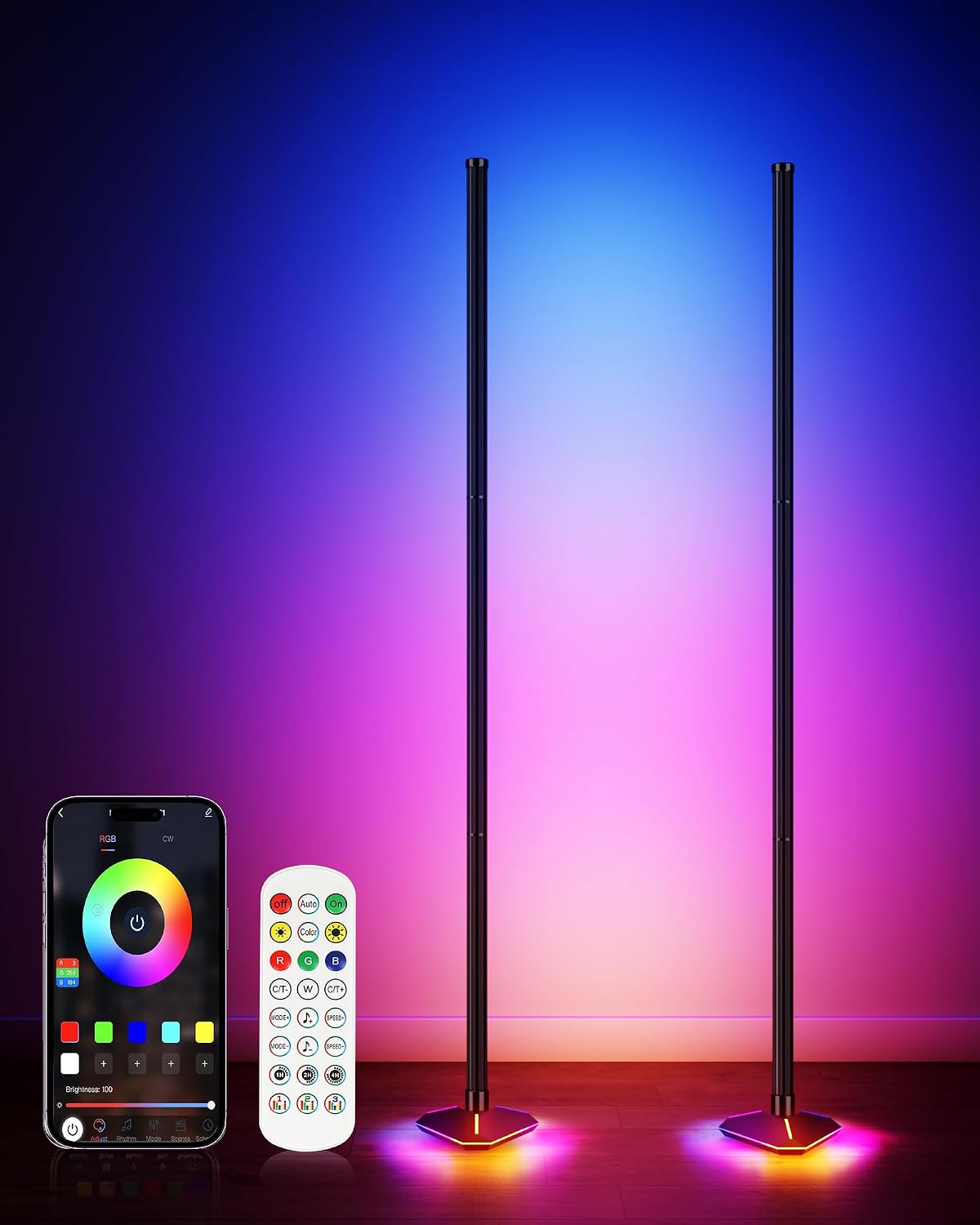 2PCS LED Corner Floor Lamp, RGB Color Changing Standing Lamp with Illuminated Base and Remote Control, Dimmable Music Sync for Bedroom Living Room