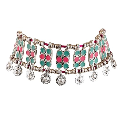 German Silver Oxidised Meenawork Enamel Choker Necklace Statement Navratri Garba Jewelry for Women and Girls