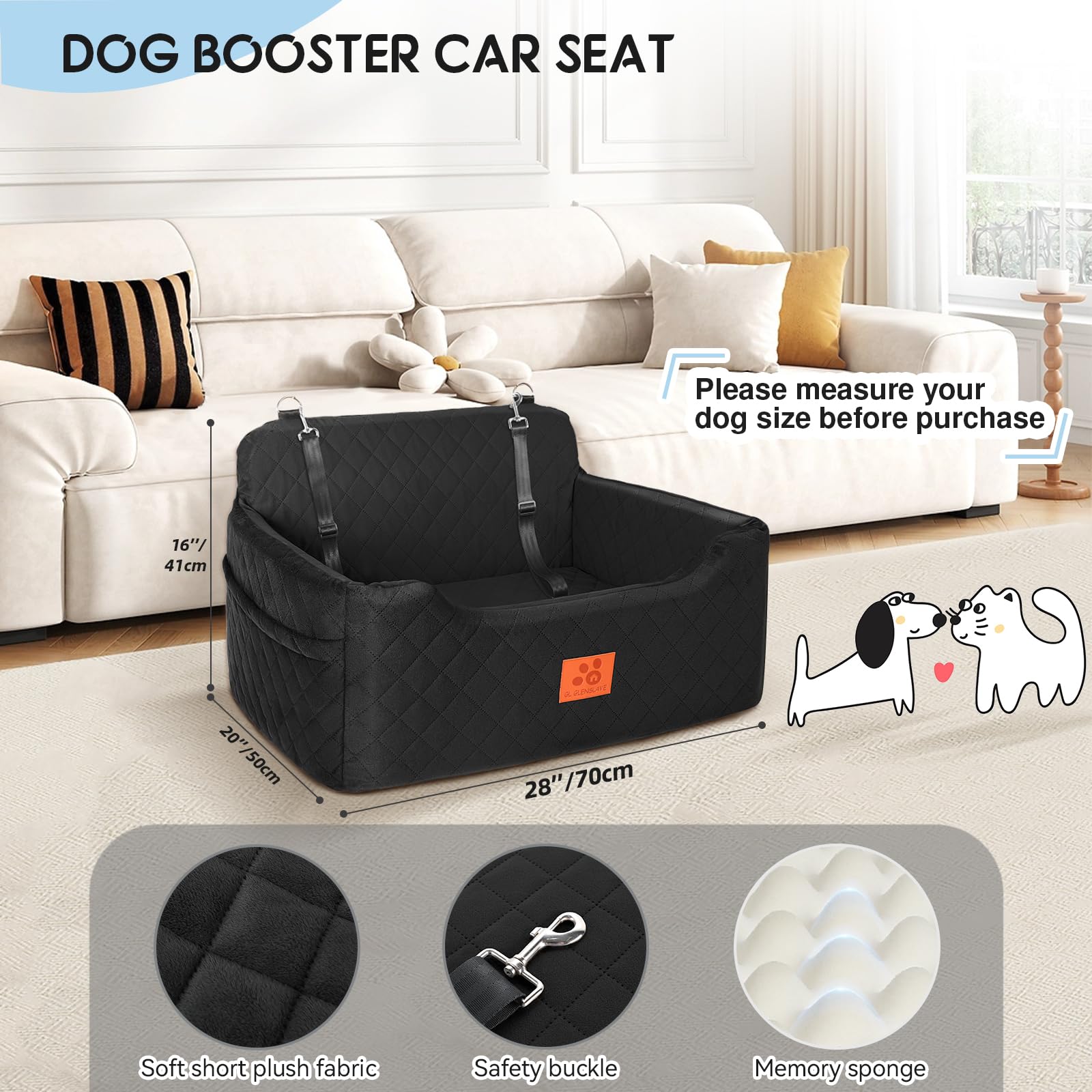 GL GLENSLAVE Hunde Autositz für mittlere/große, Hundesitz für Hunde unter 22Kg oder 2 kleine Hunde, Abnehmbarer und waschbarer Autositz für Haustiere, Große Hundeautositz(Schwarz)
