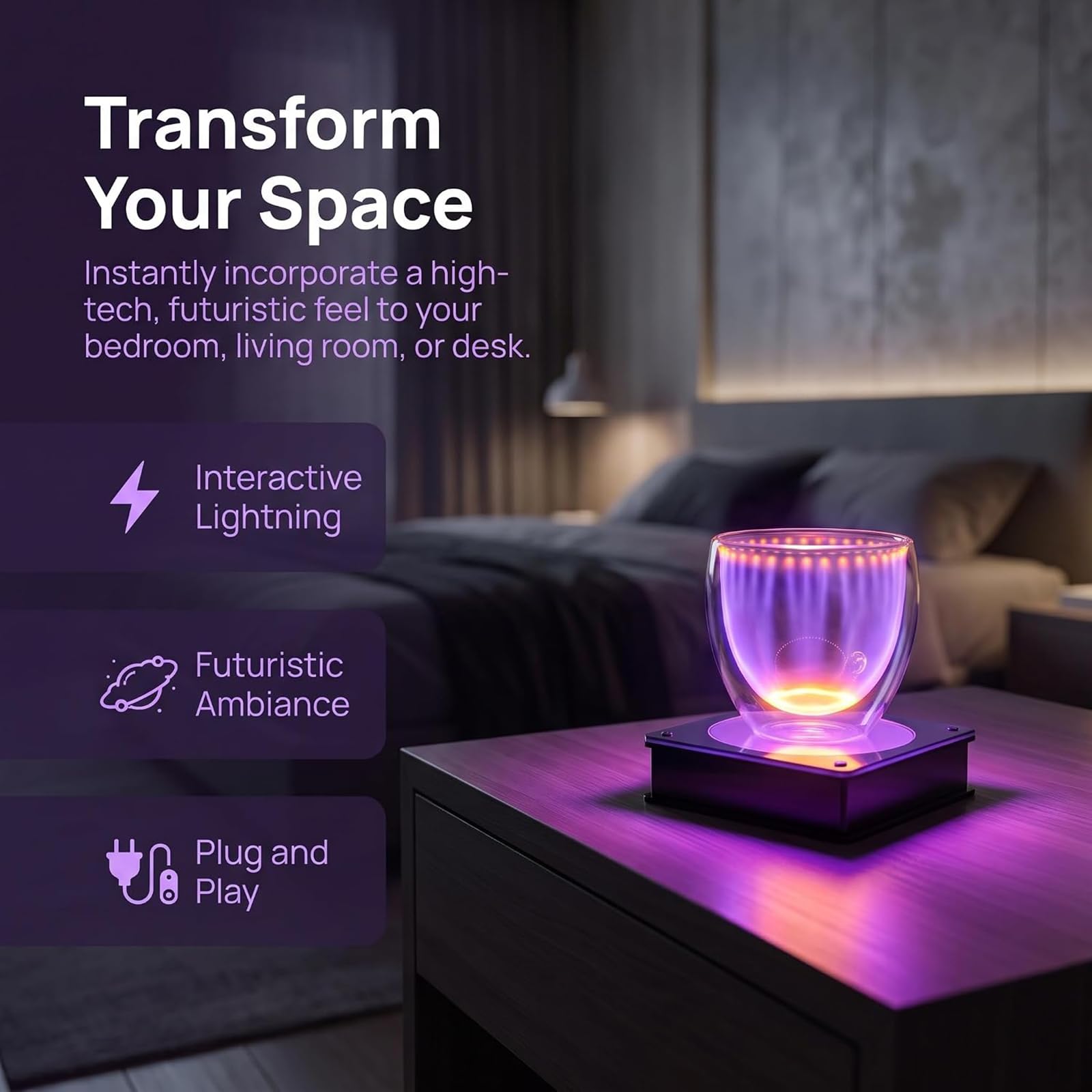 Vaso De Plasma con Bobina De Tesla, Taza Luminosa con Efecto De Rayo, Vaso De Cristal con Efecto De Rayo Eléctrico, Cristalería Iluminada Sensible Al Tacto con Base Excitadora, para Regalo