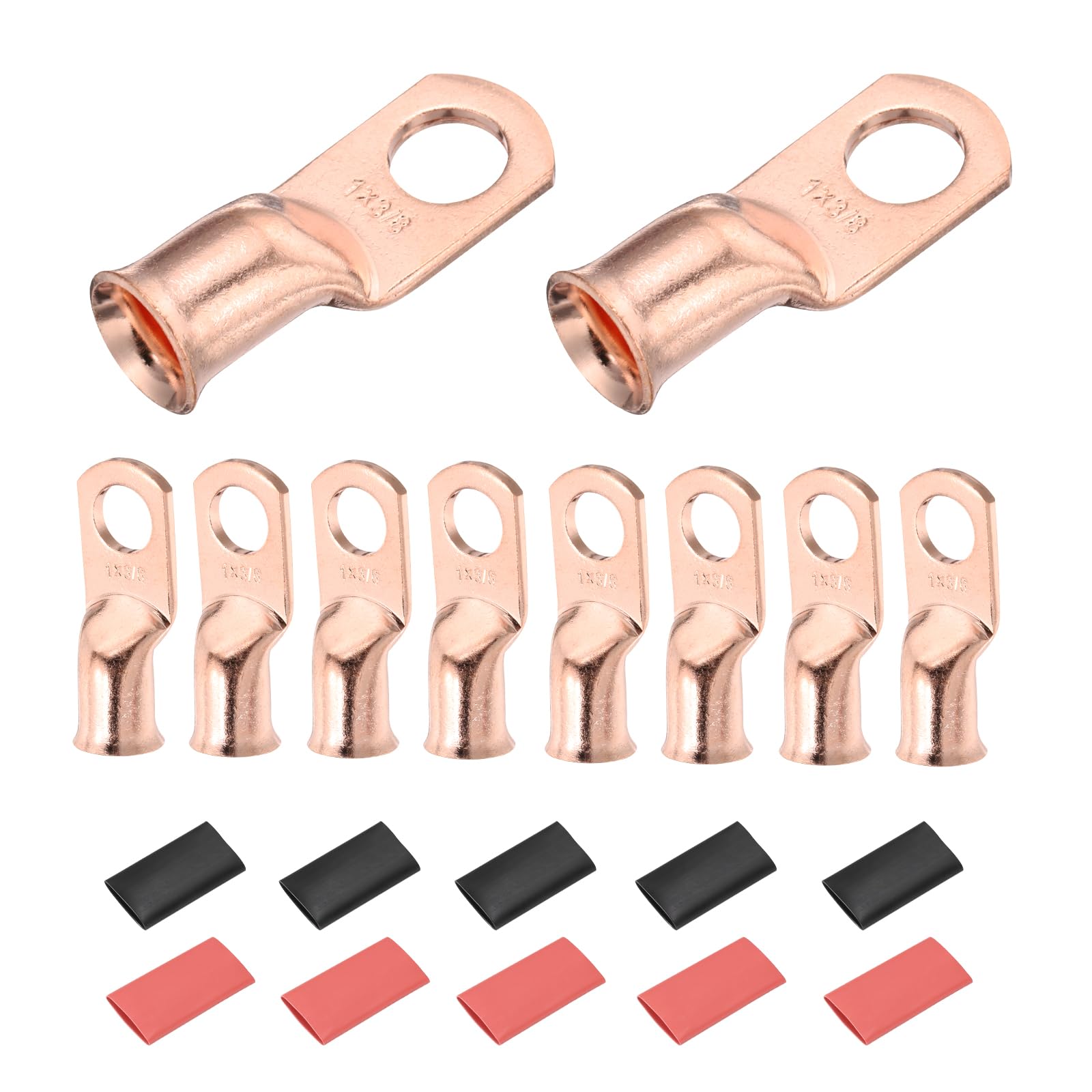 DMiotech 10 Pcs 1 AWG - 3/8" Copper Cable Lugs, Battery Cable Ends, Heavy Duty Copper Wire Lugs with 10pcs Heat Shrink Tubing for Electrical Projects, Copper