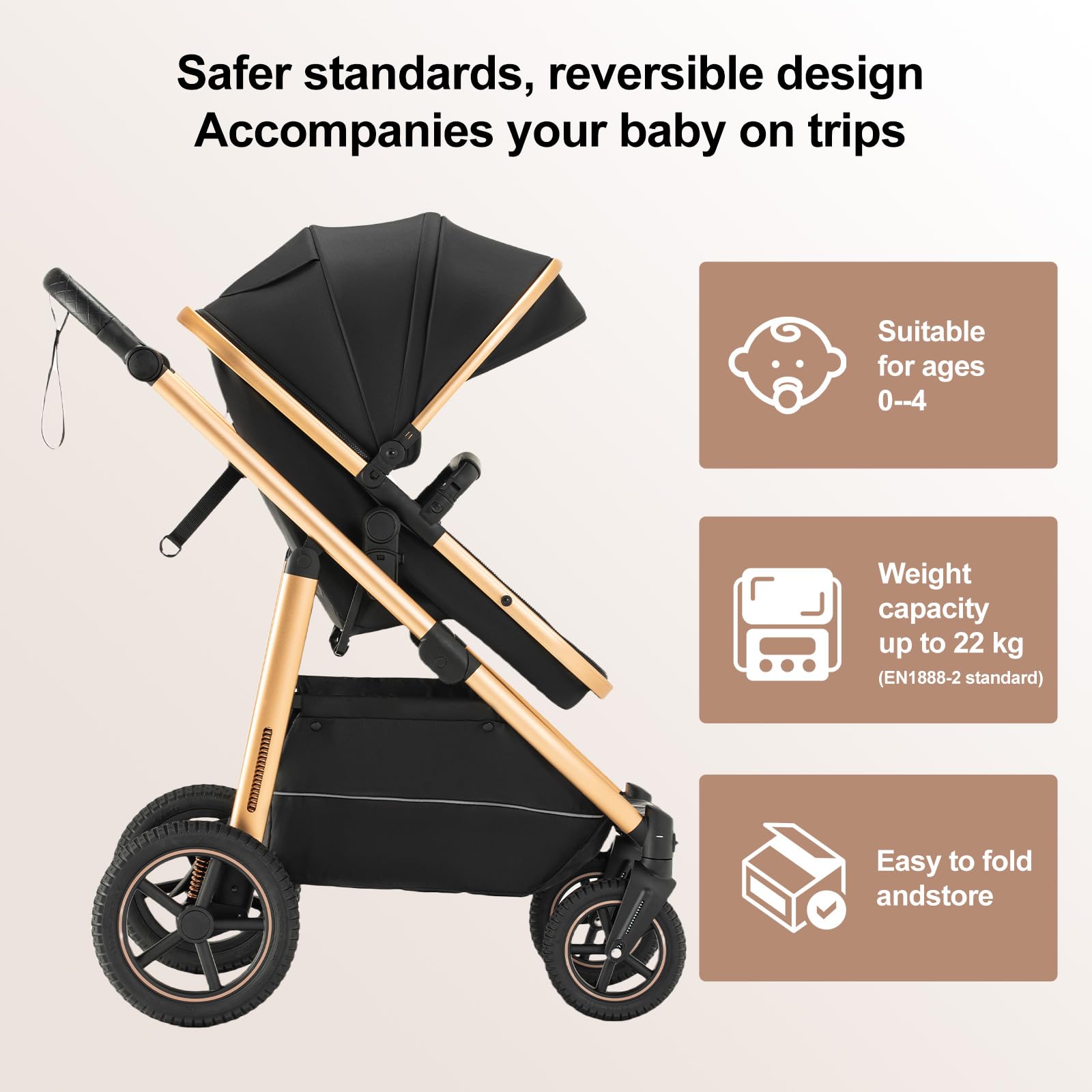 Zkipm Kinderwagen 3 in 1 Baby Stroller Klappbar Kombi Kinderwagen Travel System Höhenverstellbar Schubstange für 0-4