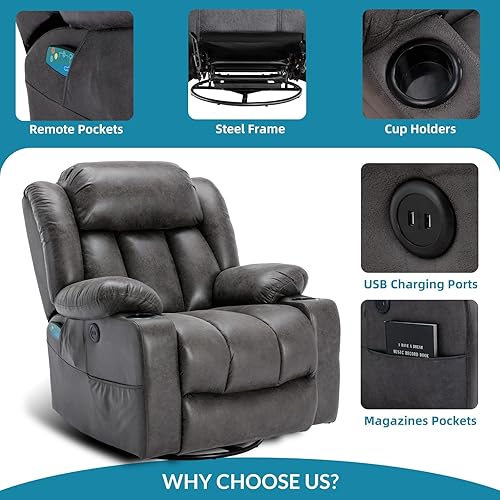 Miniatura 8 de Silla reclinable manual giratoria de 360 grados con masaje y calor, puertos USB, bolsillos laterales y portavasos (gris)