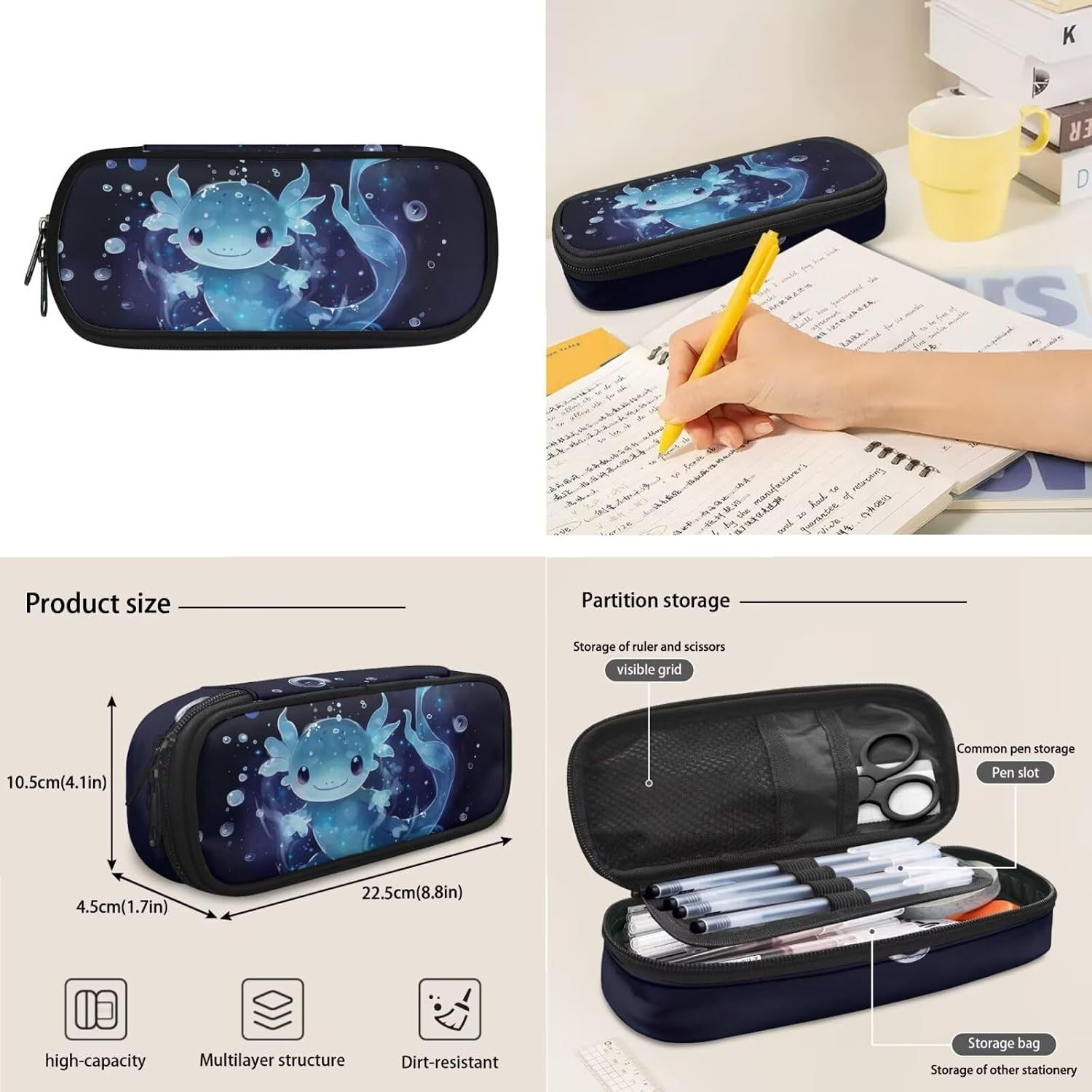 Blue Axolotl Backpack with Lunch Box Kids Girls 6-8/5-7 Elementary School Bookbags for 3rd Grade Back Pack and Lunch Bag Pencil Case Water Bottle Holder 4PCS Student Book Bags Set Schoolbag