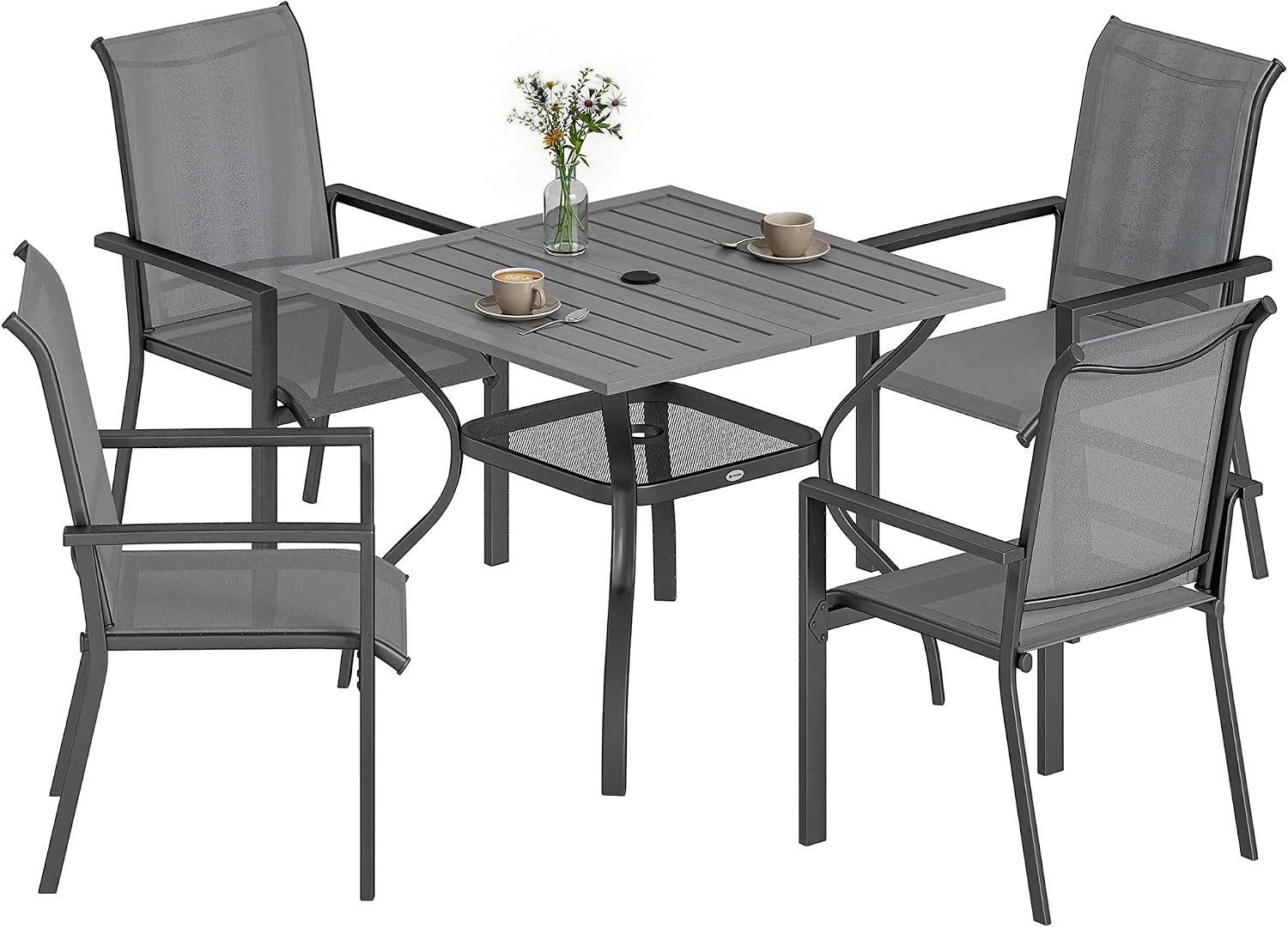 Outsunny Set Tavolo e Sedie da Giardino 5 Pezzi Set da Pranzo Grigio, Foro per Ombrellone, 4 Sedie Impilabili in Texteline