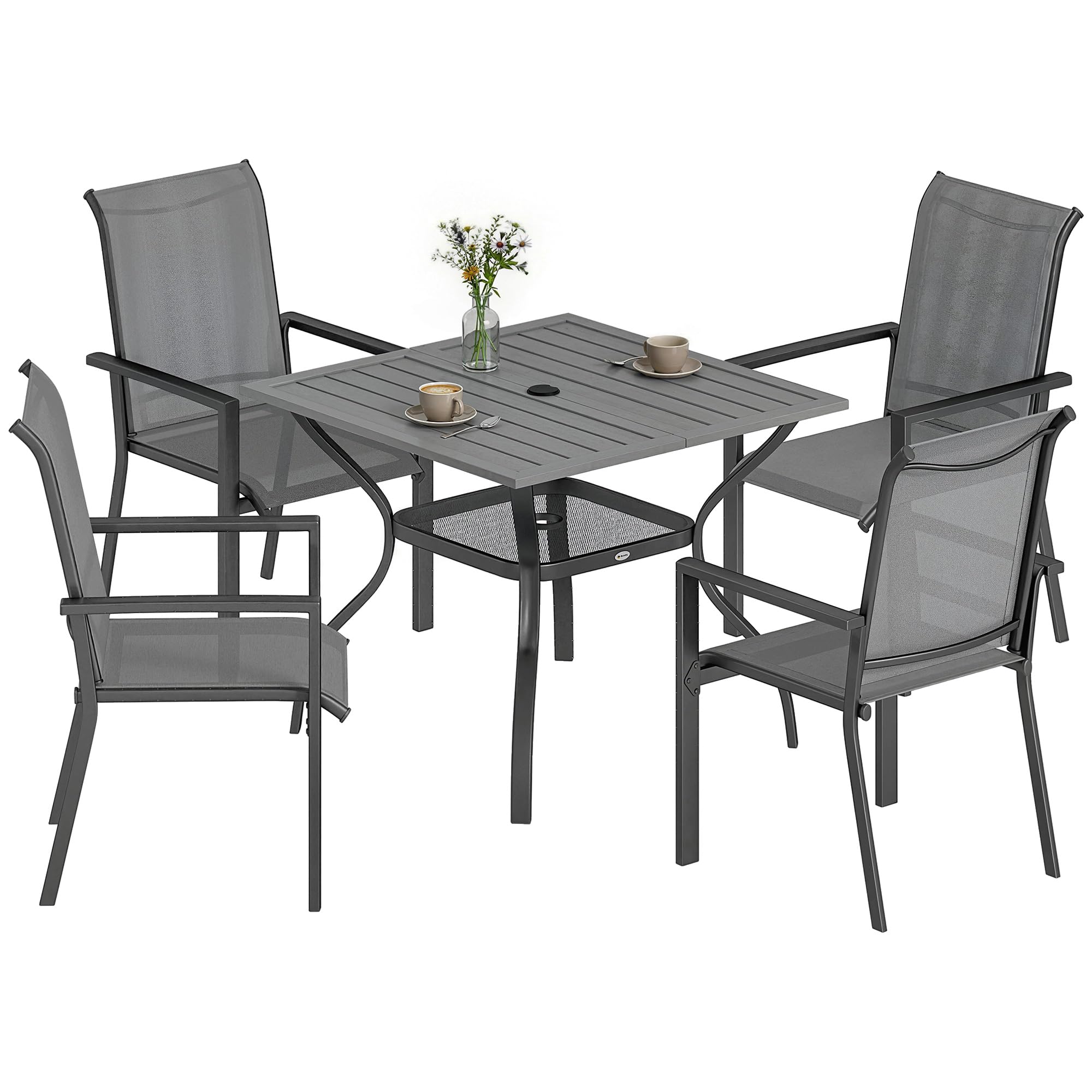 Outsunny Set Tavolo e Sedie da Giardino 5 Pezzi, Set da Pranzo con Tavolo, Foro per Ombrellone, 4 Sedie Impilabili in Texteline, Struttura in Acciaio, Set Mobili da Giardino per Terrazza Patio, Grigio