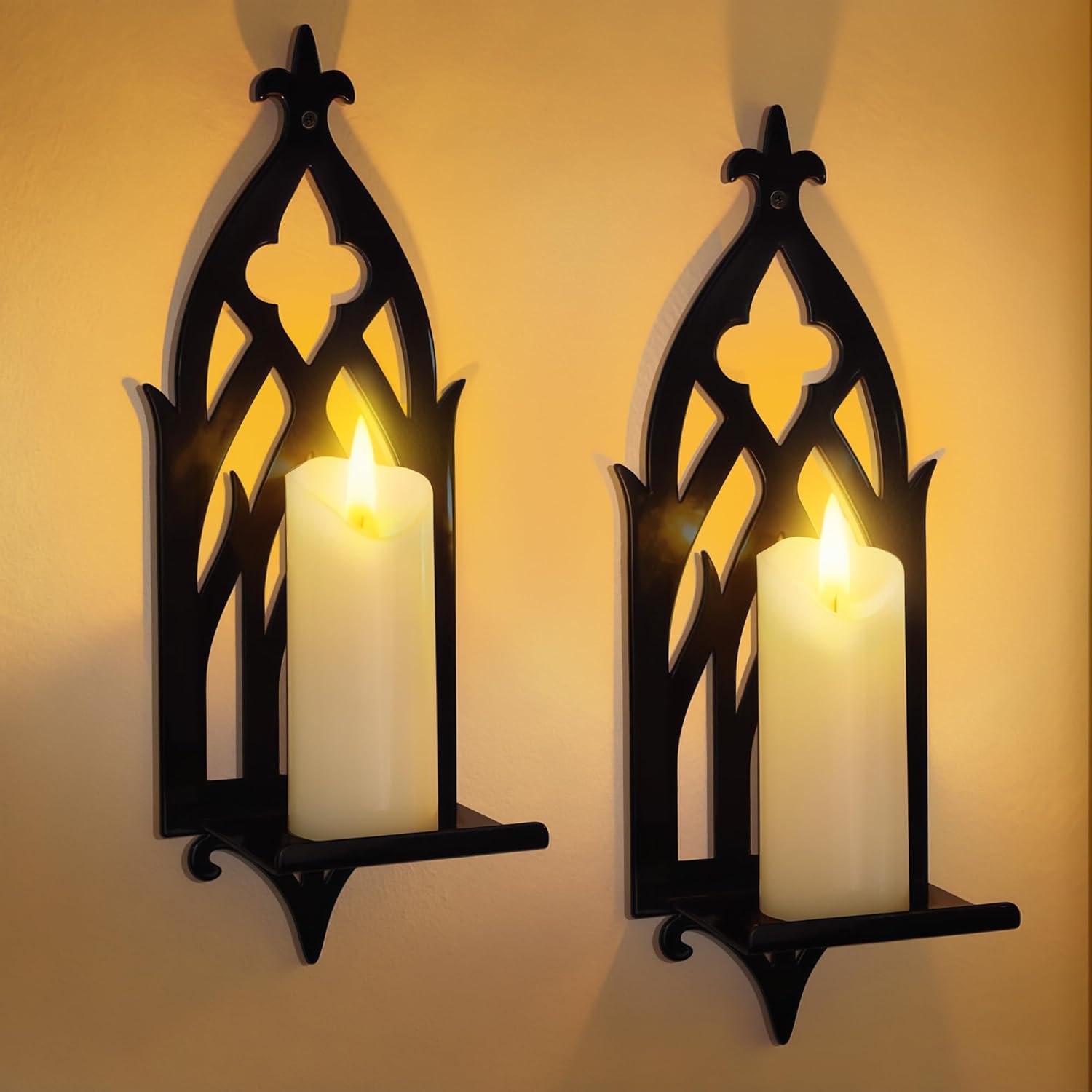 Wall Candle Sconces Set of 2, Victorian Gothic Metal Candle Holders for Pillar, Tealight, and LED Candles, Decorative Wall Decor for Living Room Dining Room (Black)