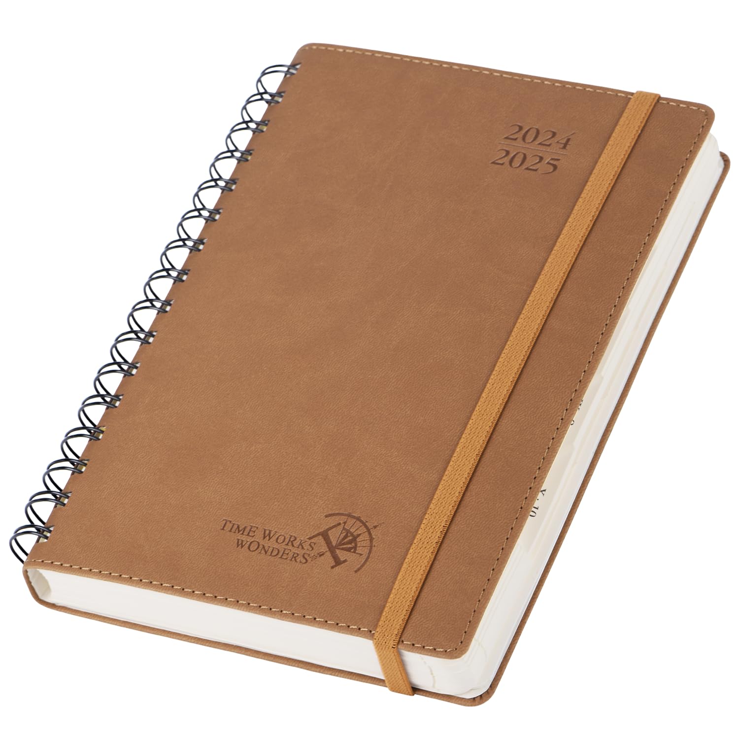 POPRUN Agenda 2024 2025 Día Por Página Espiral 21,5 x 14,5 cm, Planner Diaria con Tapa Blanda 12 Meses de Ago.2024 a Jul.2025, Banda elástica, 80 GSM Papel, Marrón