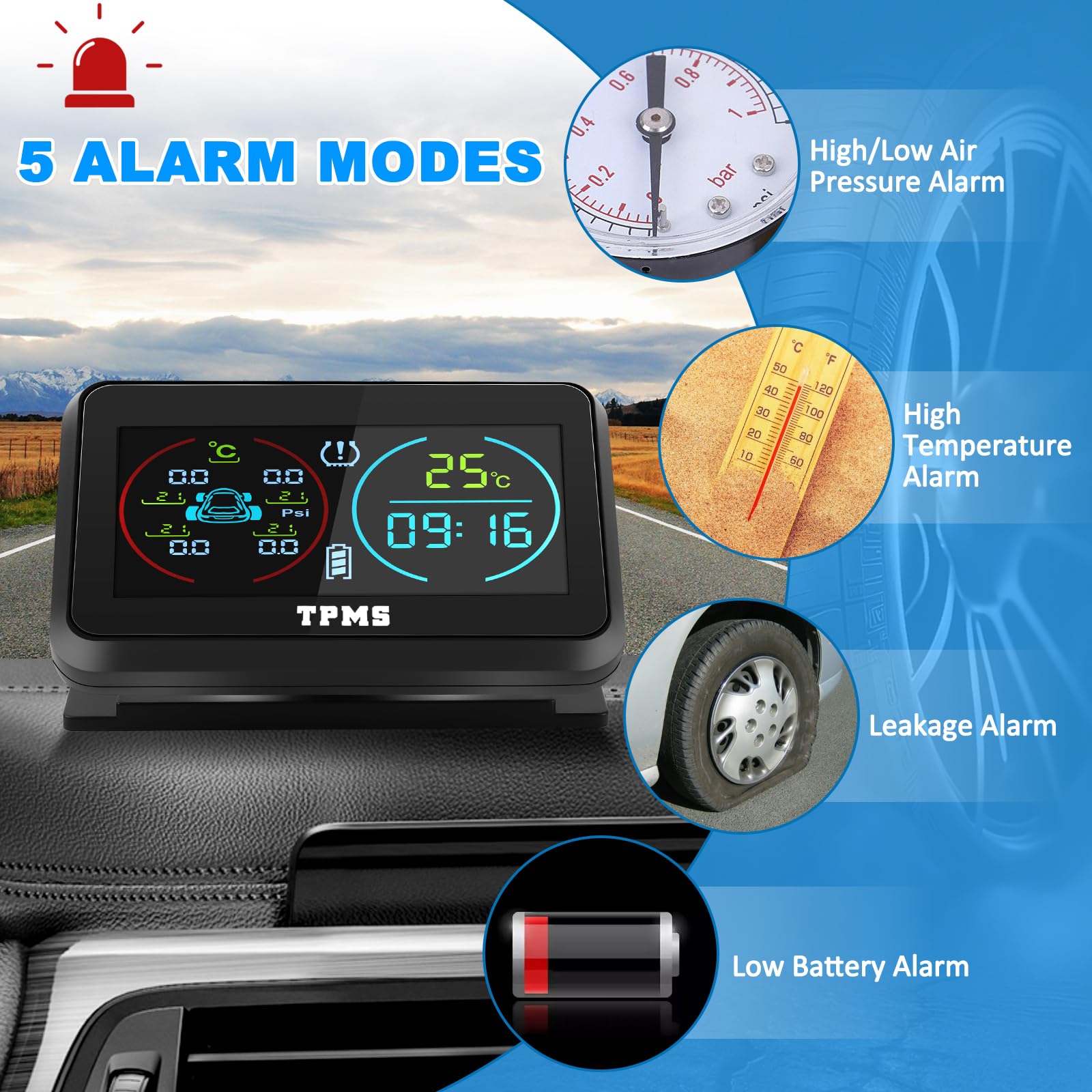 TPMS(0-6.5Bar) Sistema Monitoreo De PresióN De NeumáTicos Carga Solar USB, 4 Sensor Presion Neumaticos 5 Modos De Alarma Monitorización（Temperatura y presión etc.）para Coche SUV Furgoneta