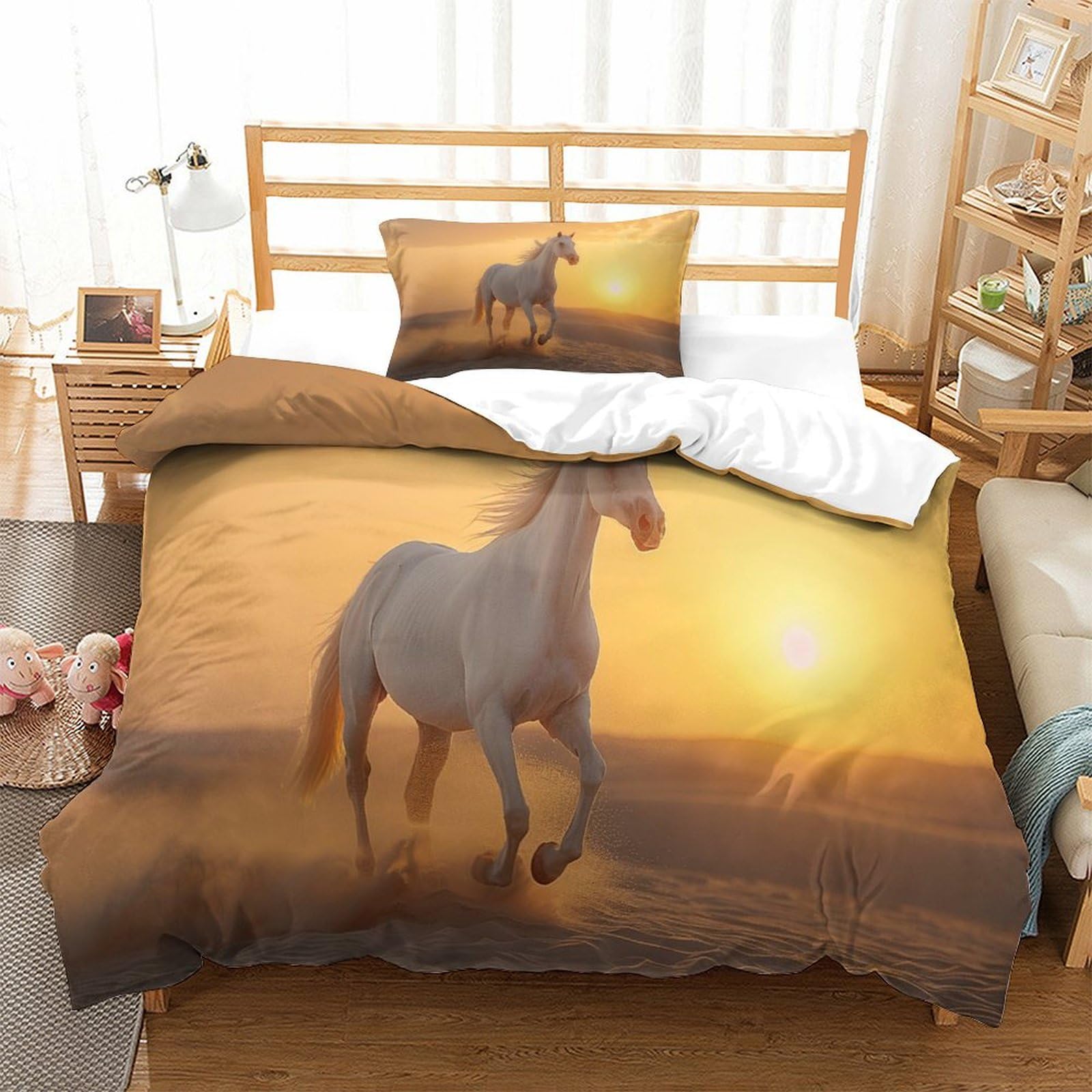P1S9U7W5Y Sunset Meadow Horse Print 3D Printed Duvet Cover Set 3pcs Microfiber Horse Bedding Set Single（135x200cm）