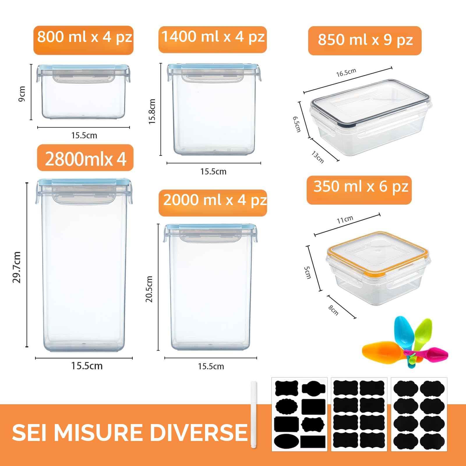 Hibisaws Set 31 contenitori ermetici per alimenti, contenitori plastica con coperchio organizer cucina e frigorifero, scatole pasta zucchero caffè cereali, BPA Free, salvaspazio impilabili