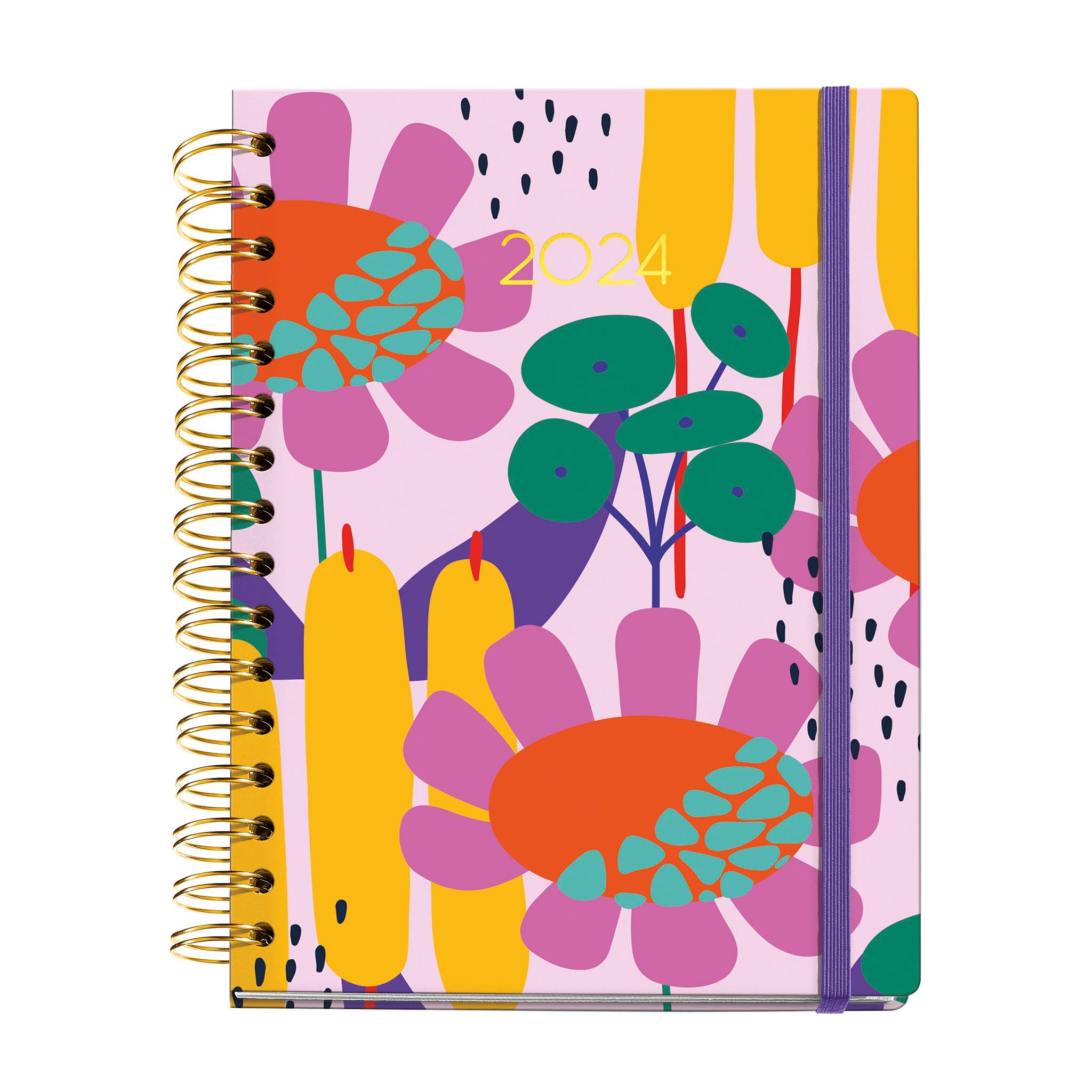Miquelrius - Annual Diary 2024 Week to View, Plus Size 155 x 213 mm (similar A5), Hard Cover, Spiral Binding, Elastic Closure, Multilingual, Catalina Aguirre, Flowers with Gold Stamping