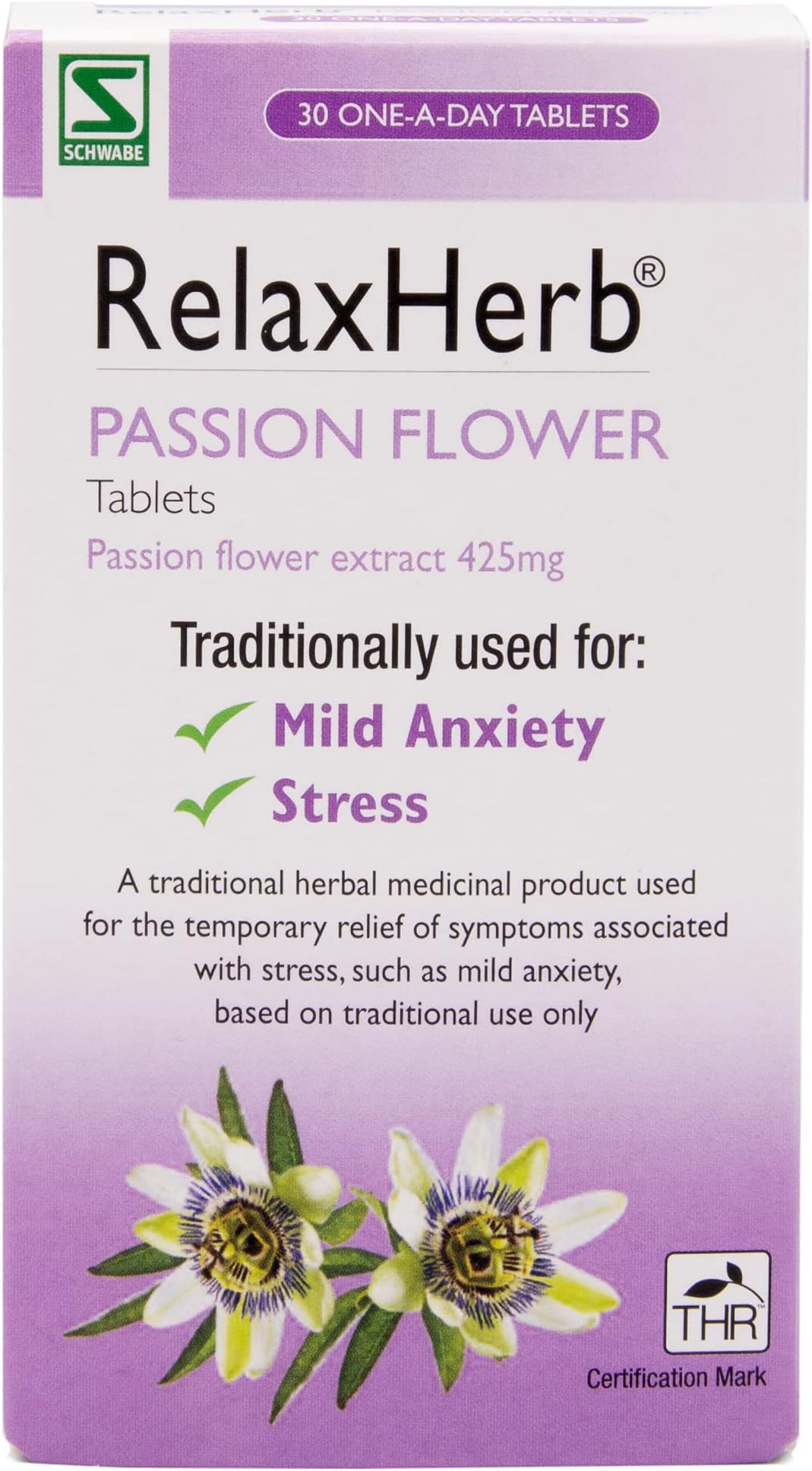 Schwabe Pharma - RelaxHerb - Passion Flower Extract 425g - Traditionally Used for The Relief of Low Mood - Traditional Herbal Medicinal Product - 30 Tablets