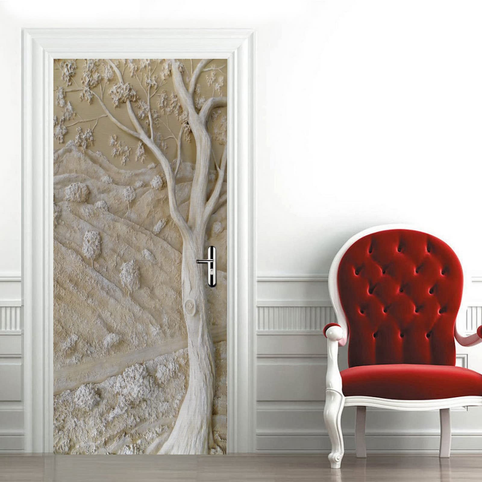 A.Monamour Pegatinas Decorativas de Puerta Autoadhesivo 3D Arte De Pared De Yeso Con Paisaje De Árbol Y Montaña Vinilo para Puertas Mural PVC Pegatinas de Pared Foto Poster 85 x 215 cm