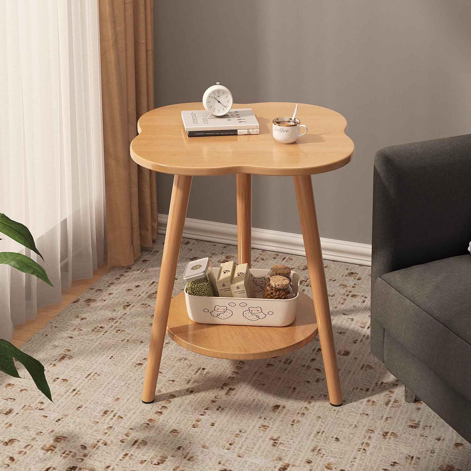 2-stopniowy stolik pomocniczy z półką, mały stół akcentujący, stolik pomocniczy do salonu, stolik kawowy, stolik nocny, stolik do sypialni, MDF + lite drewno, 60 x 60 x 70 cm