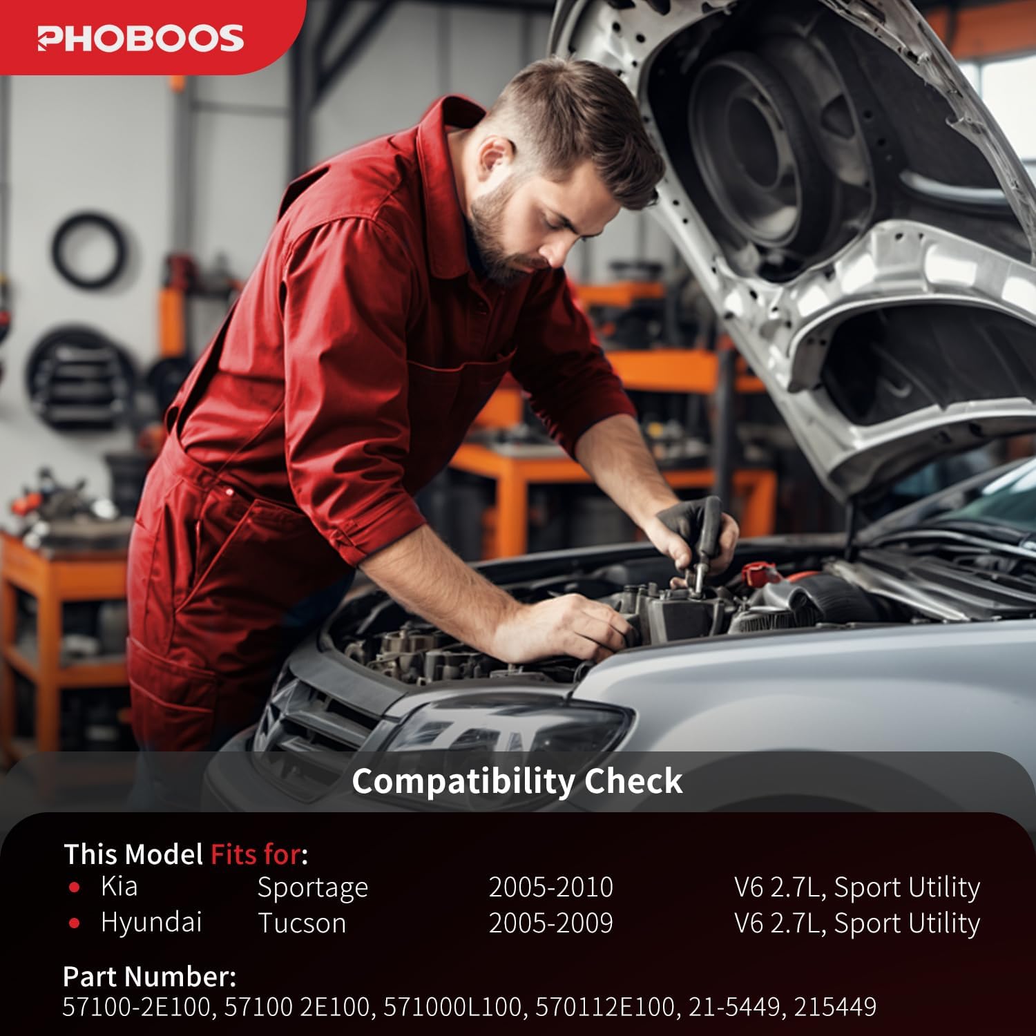 PHOBOOS Power Steering Pump Compatible with Kia Sportage 2005-2010, Hyundai Tucson 2005-2009 V6 2.7L, with Outlet & Pulley, Smooth Steering, Low Noise, High Durability, Ref. 21-5449