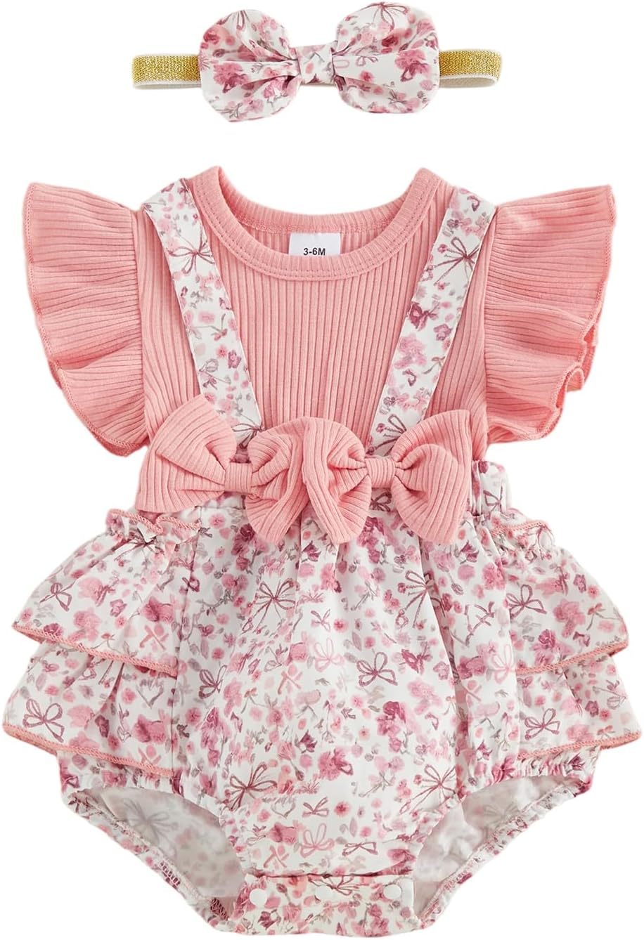 Newborn Baby Girl Floral Romper Bow Decor Flying Sleeve Onesie with Headband Cute Summer Outfit