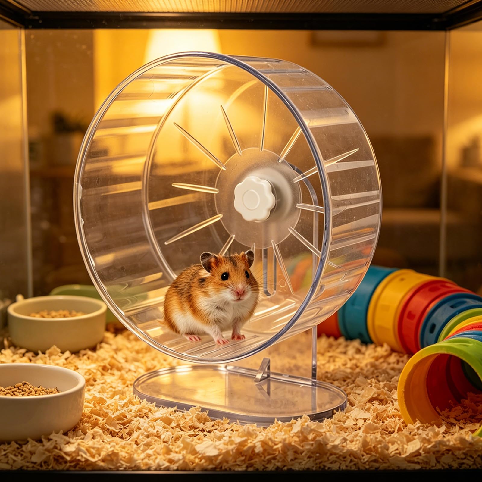 Roue silencieuse pour hamster 22 cm, roue d'exercice à double roulement avec support réglable, transparente sans vibration, pour hamsters nains syriens, gerbilles souris, accessoires de cage à hamster