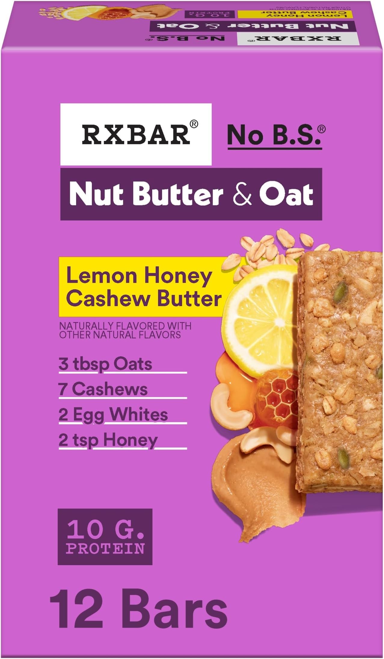 Nut Butter and Oat Protein Bars, Protein Snacks, Snack Bars, Lemon Honey Cashew Butter, 23.2oz Box (12 Bars)