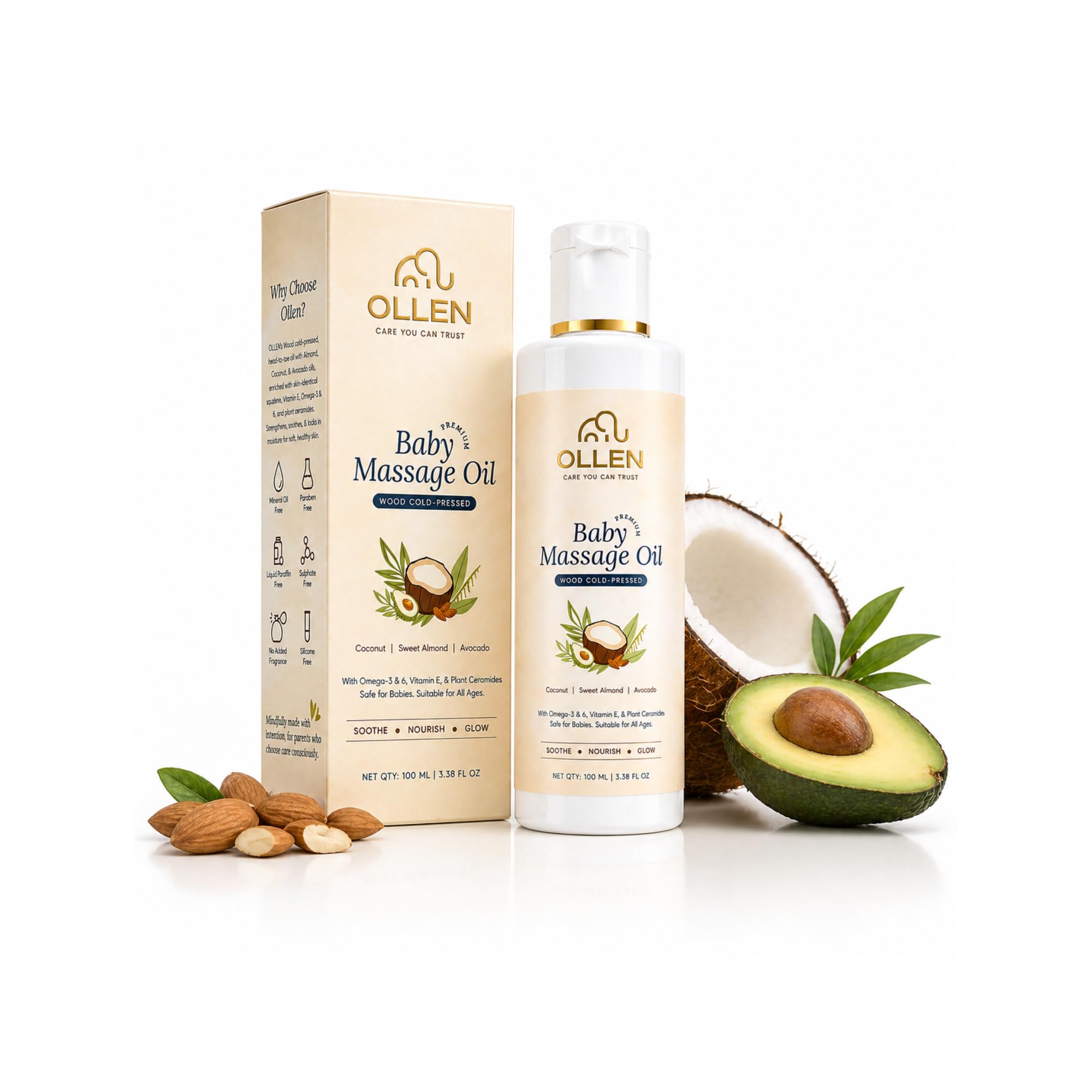 OLLEN Baby Massage Oil | Wood Cold-Pressed Baby Oil for Baby Skin & Hair | Coconut, Sweet Almond & Avocado Oil with Vitamin E & Omega 3,6 | Gentle, No Preservatives, Non-Refined, Non-Toxic, Mineral Oil Free & Liquid Paraffin Free | 100 ml-image-44