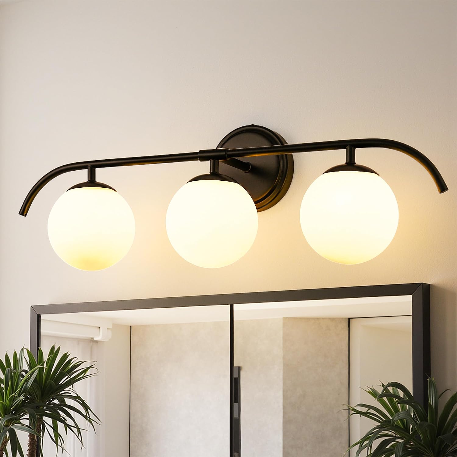 DORESshop 3-Light Black Bathroom Light Fixtures with Milky Glass Ball Shades, Bathroom Lighting Fixtures Over Mirrors, Modern Vanity Light for Bathrooms Bedroom Living Room
