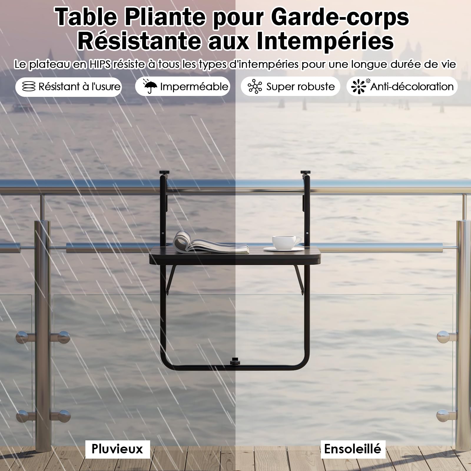 GIANTEX Table de Balcon Suspendue Pliable, Table Suspendue Rabattable et Hauteur Réglable, Résistante aux Intempéries, Charge 30 kg, pour Balcon, Terrasse, Jardin, 62,5 x 60 x 84 cm, Noir