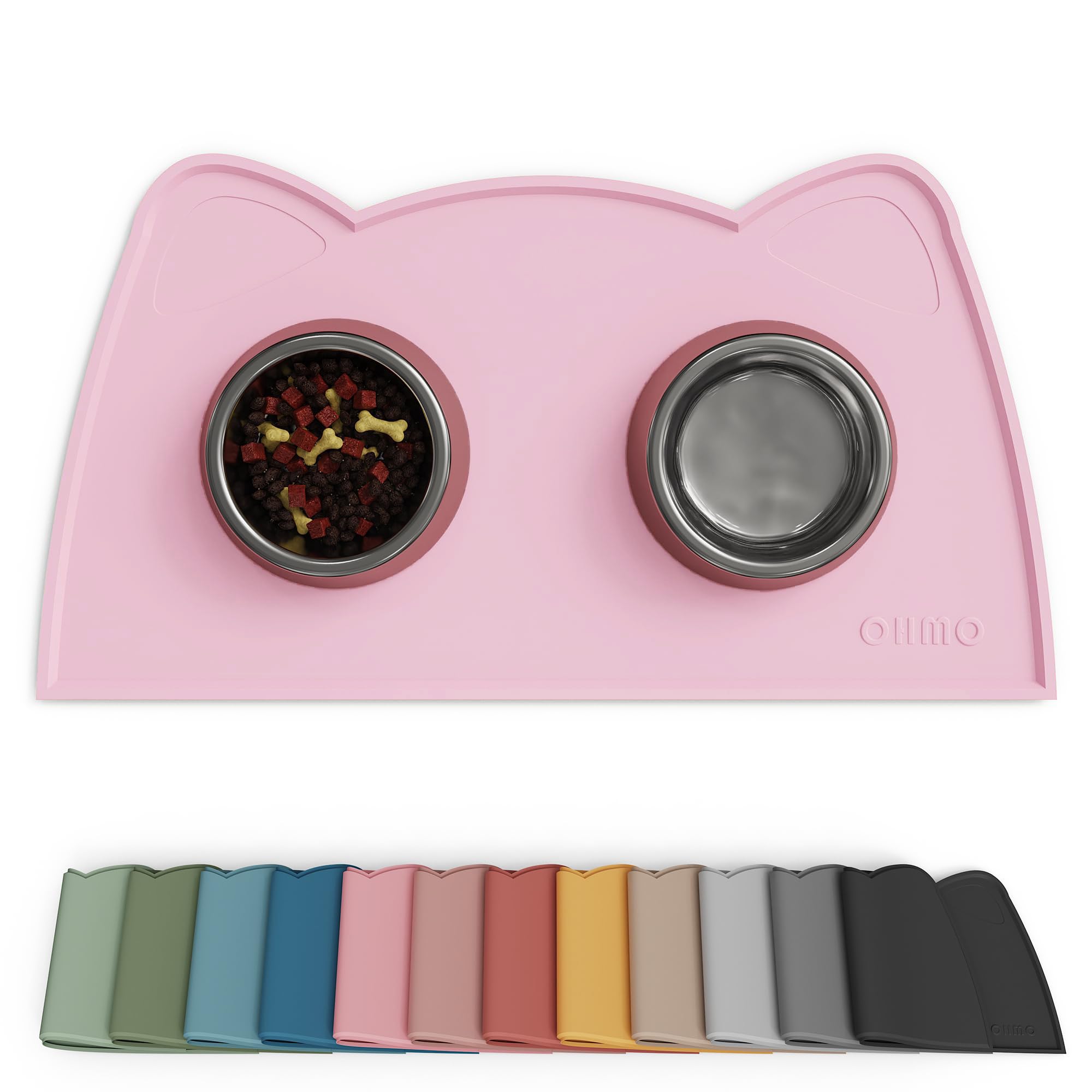 OHMO Cat Food Mat, Silicone Waterproof Dog Food Mat, Non-Skid Spill Proof Pet Feeding Mat for Food and Water, Easy to Clean Dog Placemat(Pink, 46x25cm)