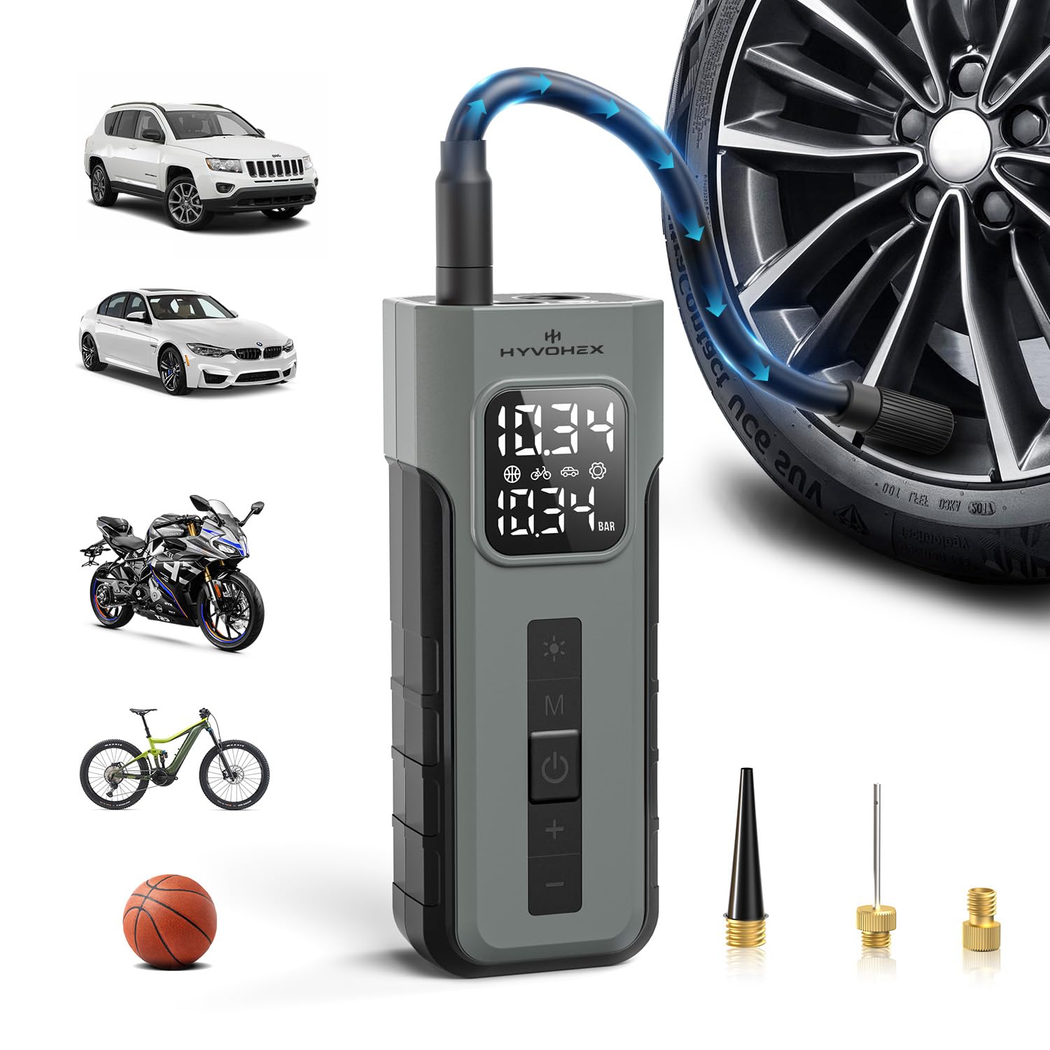 HYVOHEX Elektrische Luftpumpe,Akku Kompressor,Fahrradpumpe,1 Min Schnellbefüllung Kabelloser Luftkompressor mit Digitalem Manometer LED Licht,10.34 Bar Reifenkompressor mit LED Licht für Auto,Fahrrad