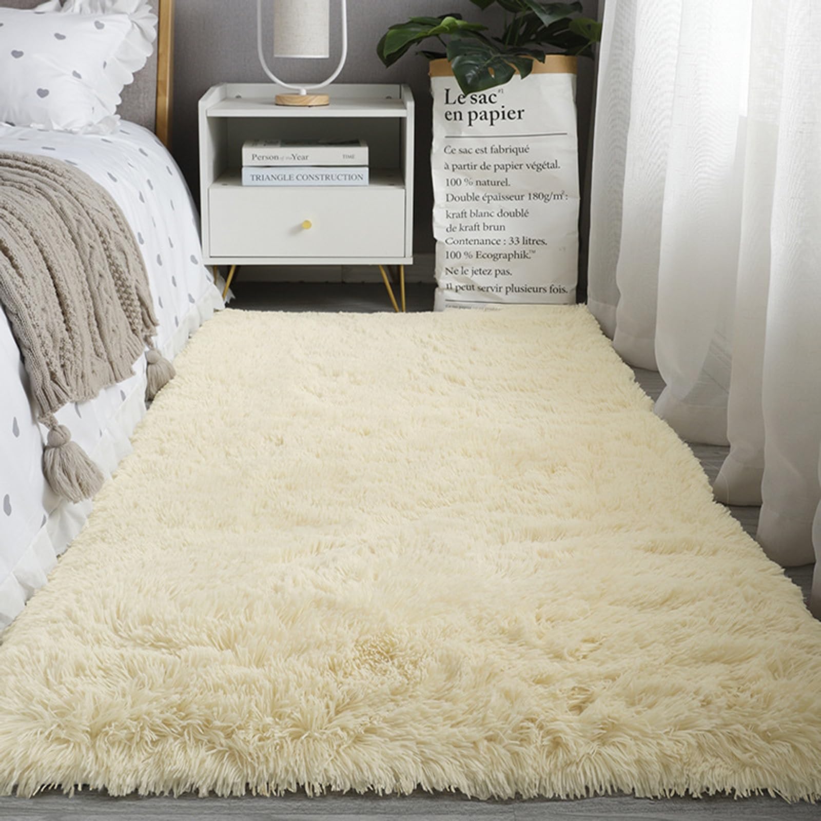 Moquette pour chambre épaisse crème : tapis doux 190x270 antidérapant