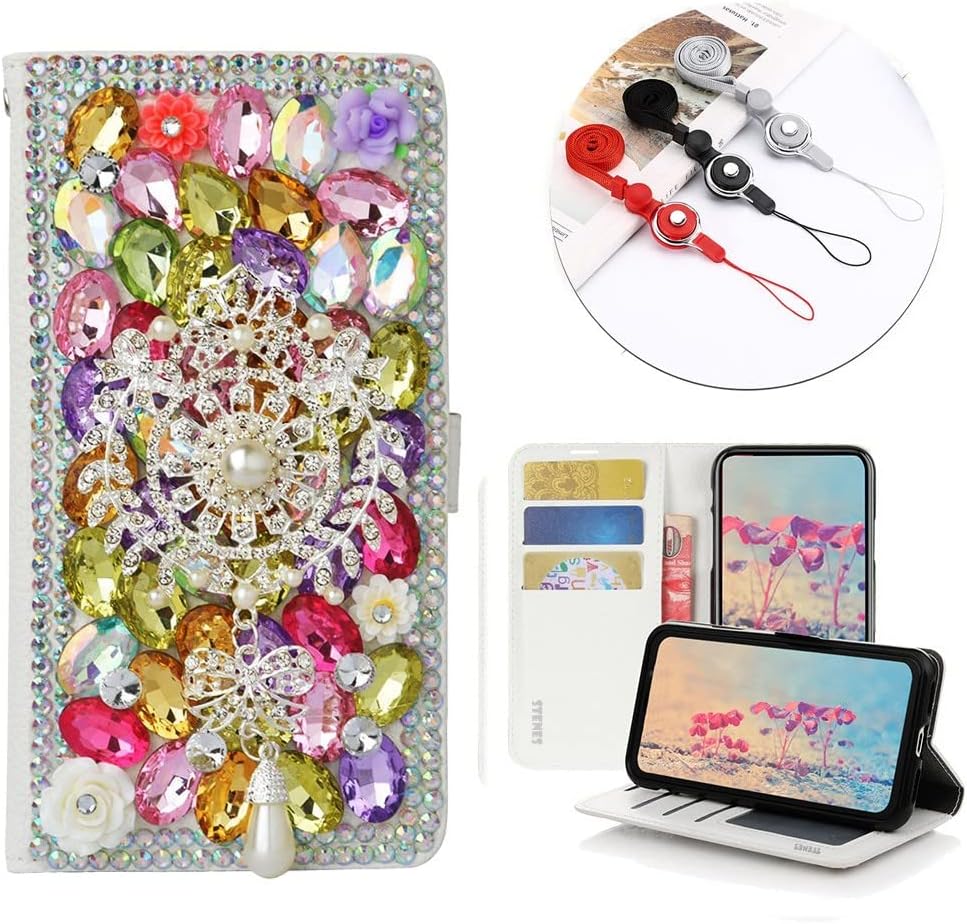 STENES Bling Wallet Phone Case Compatible with LG V40 ThinQ - Stylish - 3D Handmade Dreamcatcher Pearl Pendant Leather Cover with Neck Strap Lanyard [3 Pack] - Multicolor
