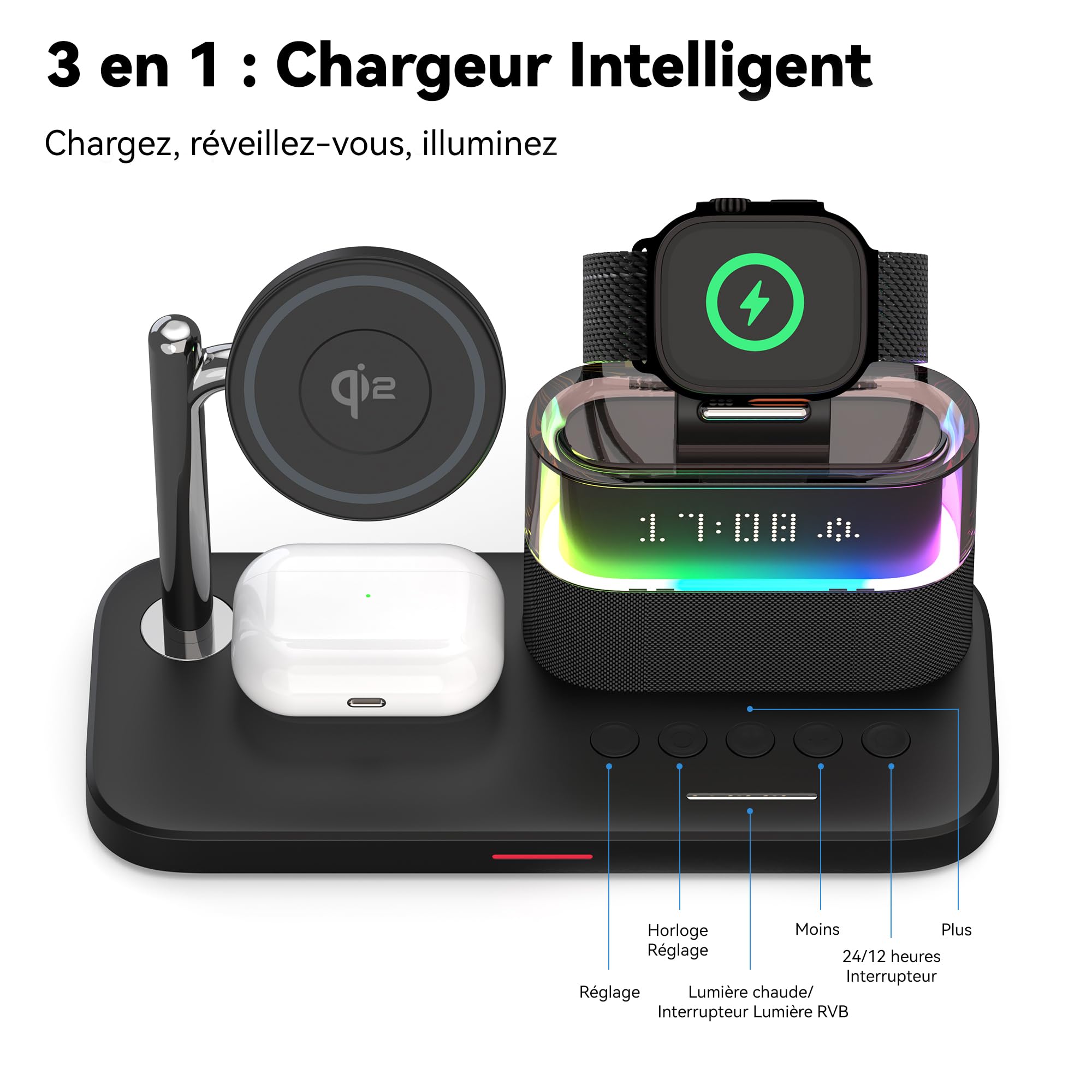 Chargeur Induction 3 en 1 Qi2 Magnétique 15W pour iPhone 17/16/15 Pro Max, AirPods 4/3/2/Pro et Apple Watch S10/9/8, Station de Charge Rapide sans Fil avec Réveil et Lumière RGB