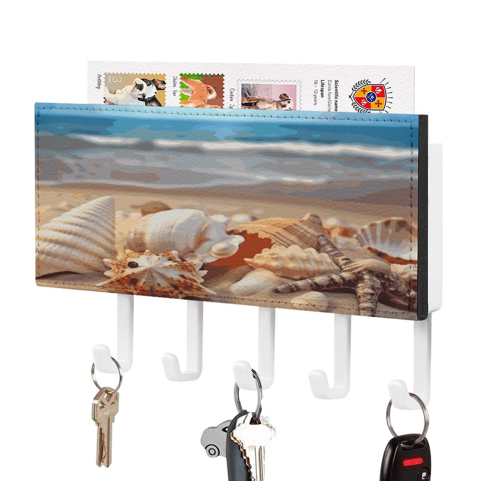 Seashells on The Sandy Beach Key Holder Wall Mount Decorative Key And Mail Holder Pu Key Rack with 5 Hooks Key Hanger Organizer Decorative Home Decor for Wall for Entryway Office Living Room White-sty