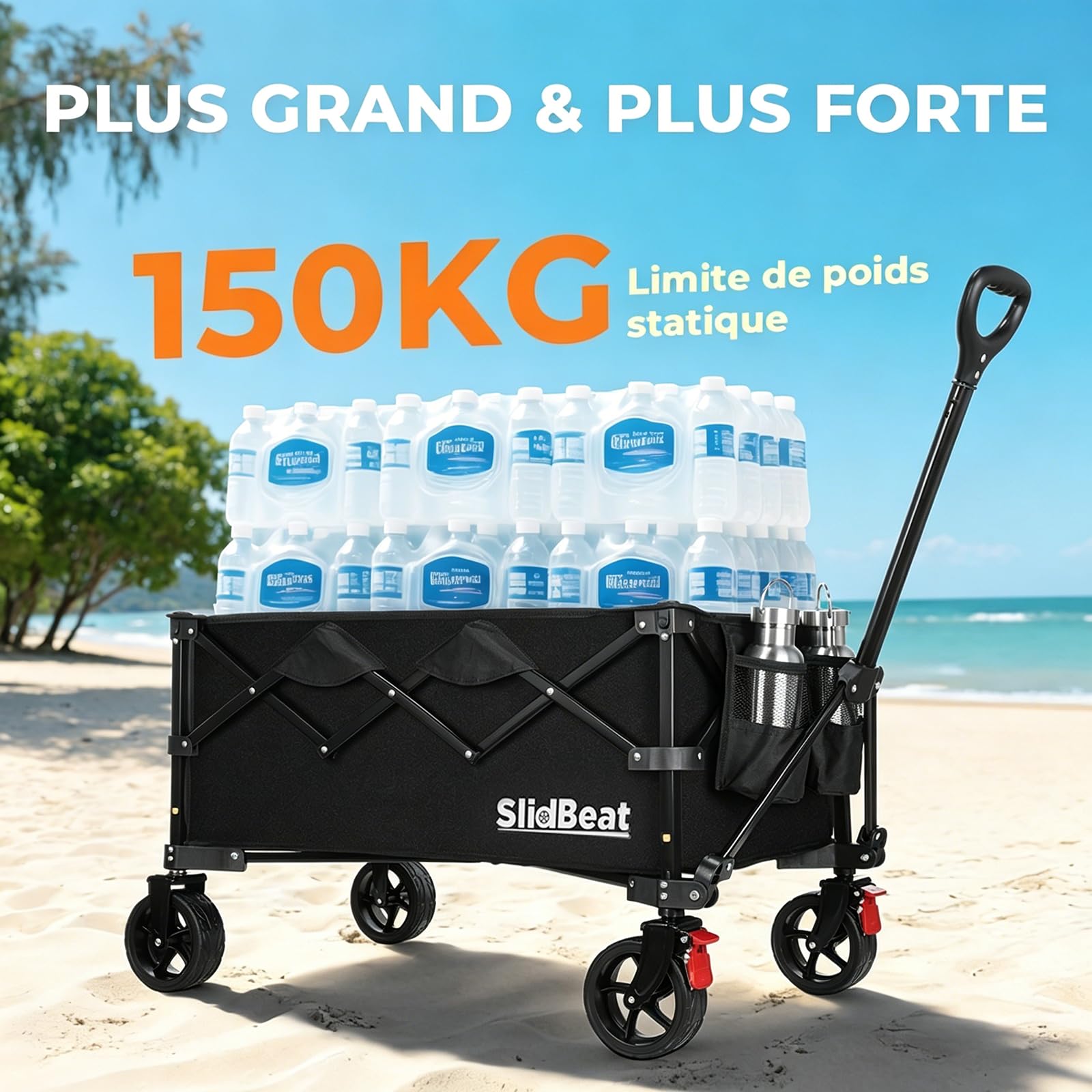 SLIDBEAT Chariot Tout-Terrain Pliable avec Double Frein - Chariot de Transport pour Jardin, Plage et Courses avec Poignée Réglable 0°-90°, Structure Démontable et Lavable en Machine, Capacité XL 150KG