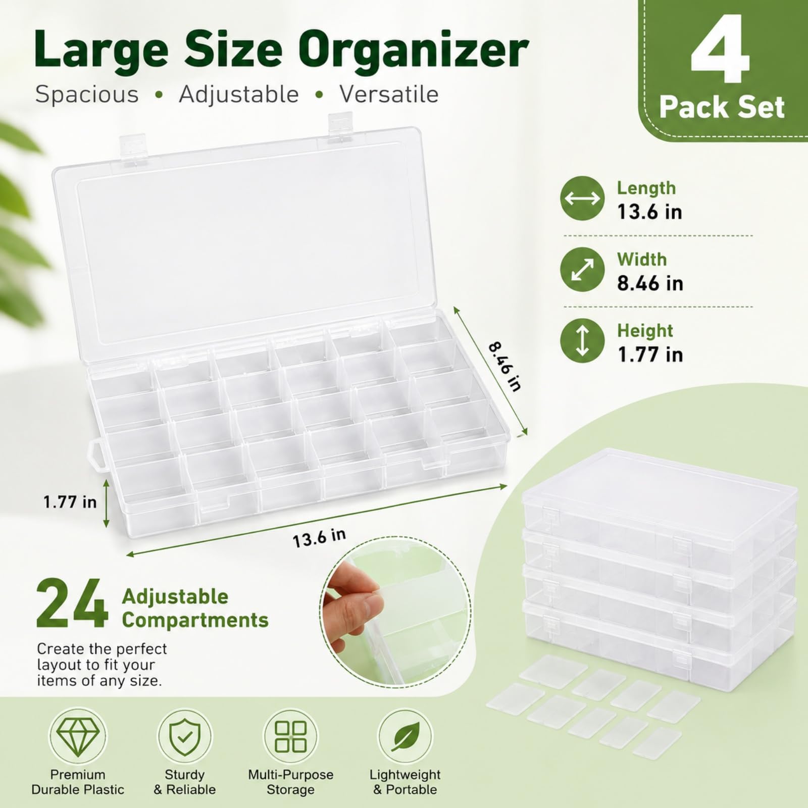 Confezione da 4 grandi scatole organizer in plastica a 24 scomparti con divisori – organizer a 24 scomparti, organizer trasparente per attrezzatura e artigianato con divisore regolabile rimovibile,