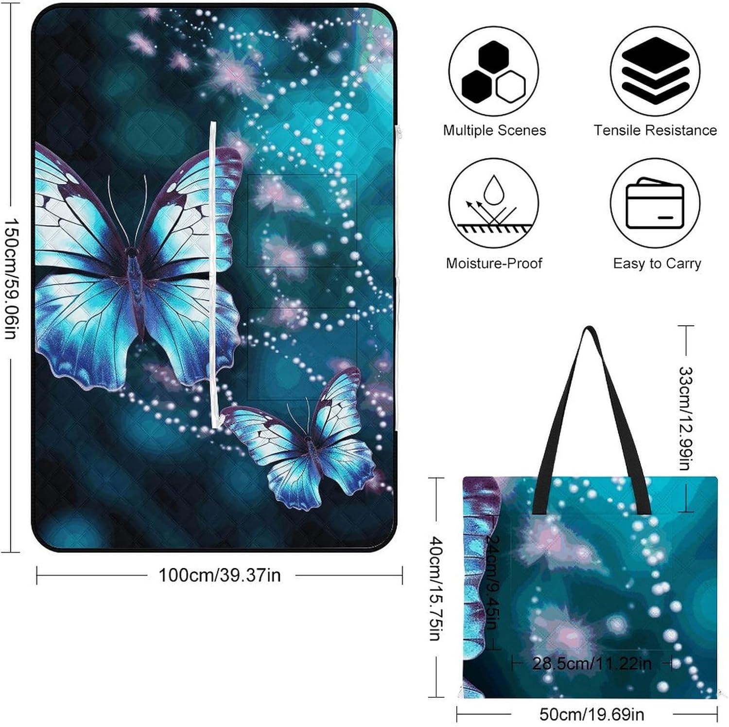 Zipper Type Beach Blanket Beautiful Butterfly Picnic Outdoor Blanket Waterproof Foldable for Beaches、Camping、Travel