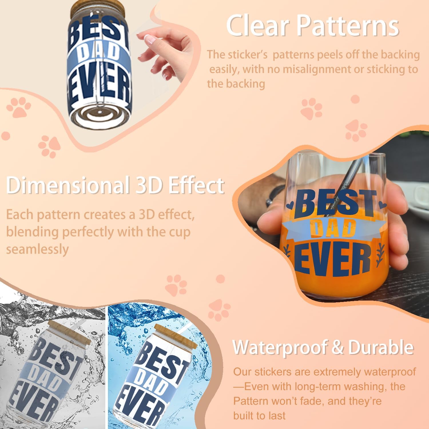 4 PCS Father's Day Bester Papa UV DTF Transfer Decals, for Glass Tumblers, Ceramic and Acrylic, High-Adhesion Rub on Stickers for Drinkware and Crafts