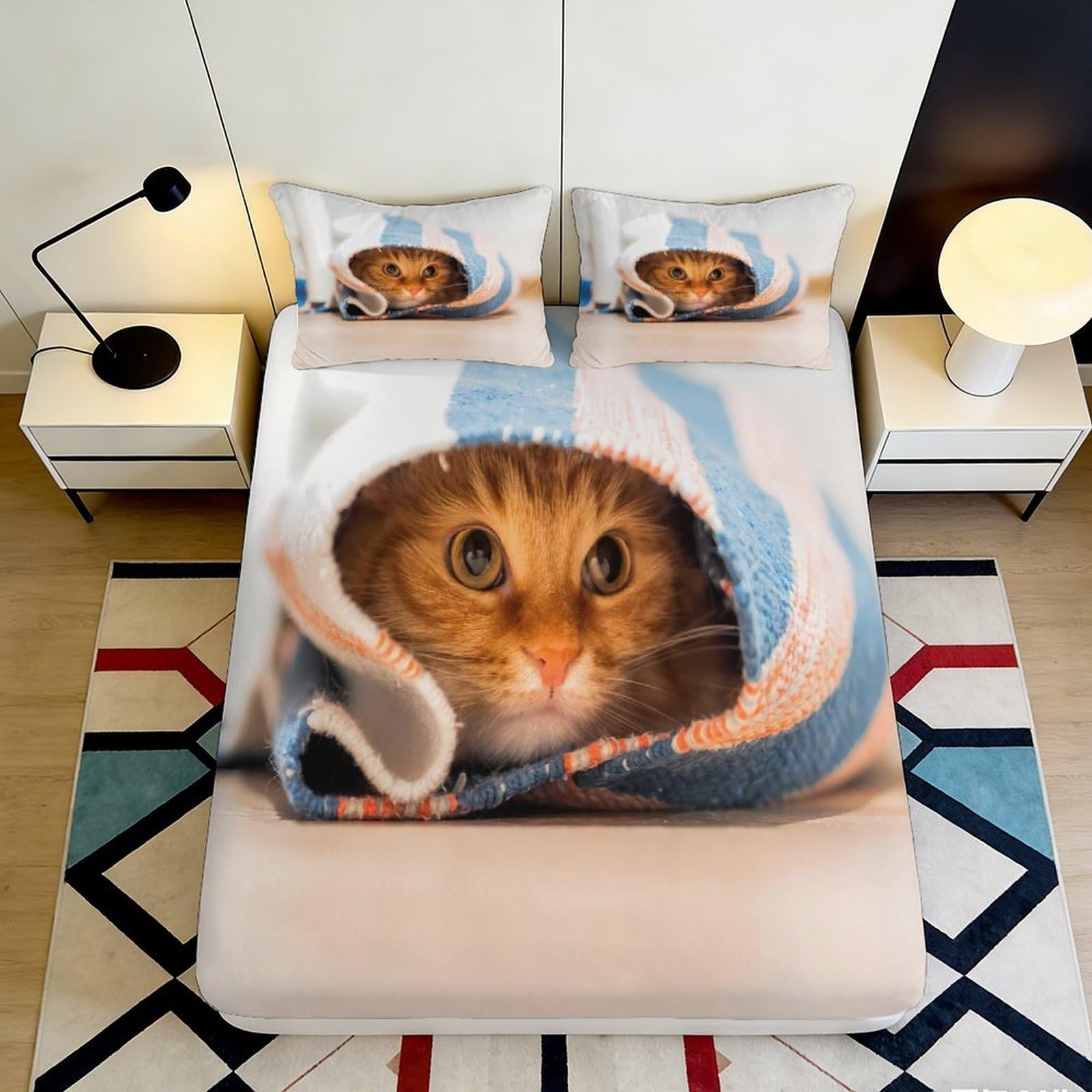 3D Printed Cat Pattern Fitted Sheet Microfiber Soft Breathable Cozy Kitten Bed Cover for Bedroom Dormitory Guest Room Mattress Protection Decor 90x200x25cm