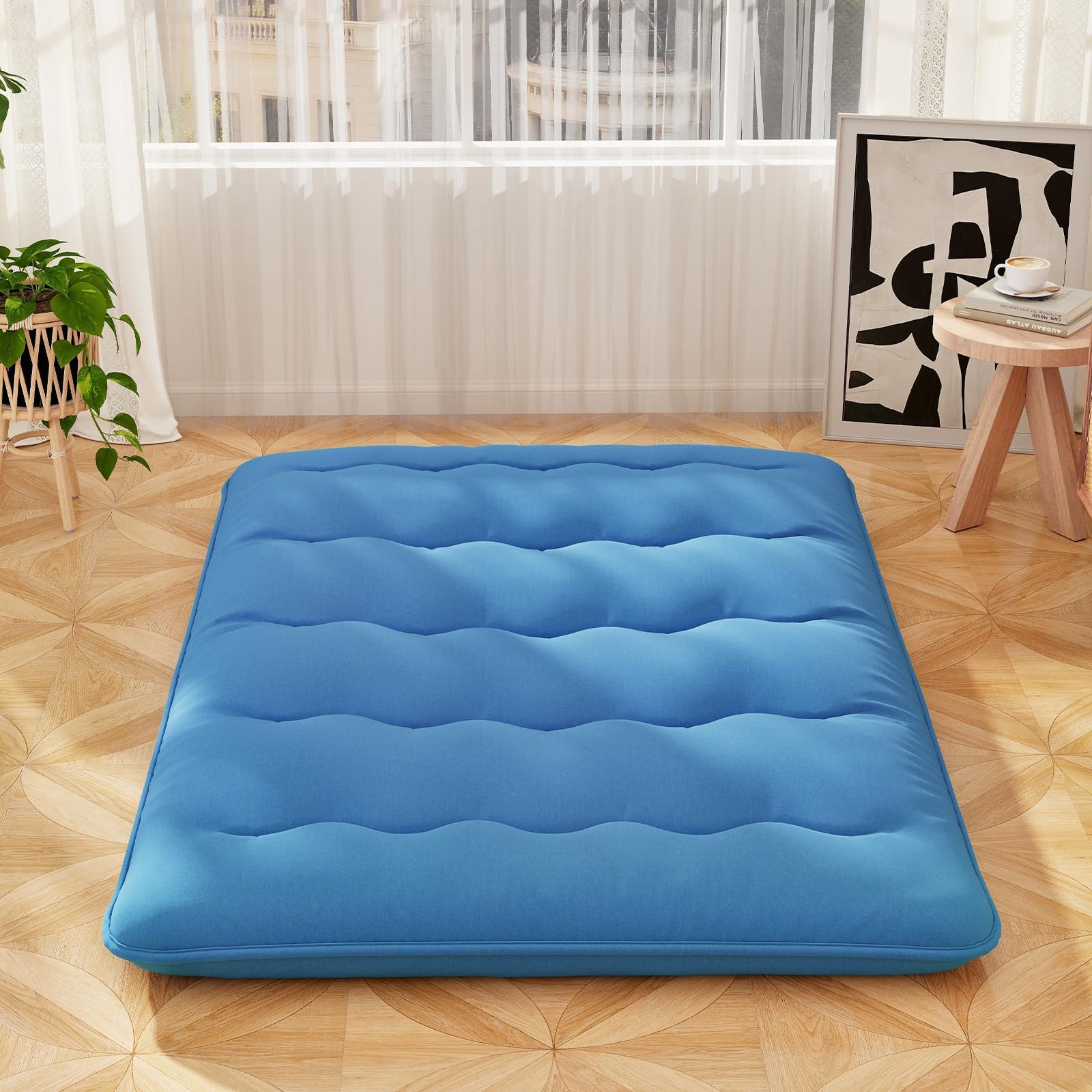 COSTWAY Matelas Futon Japonais 140 x 200 cm, Matelas Portable Pliable, Housse Lavable, Matelas de Sol avec Sac de Transport, pour Camping, Voyages (Bleu)