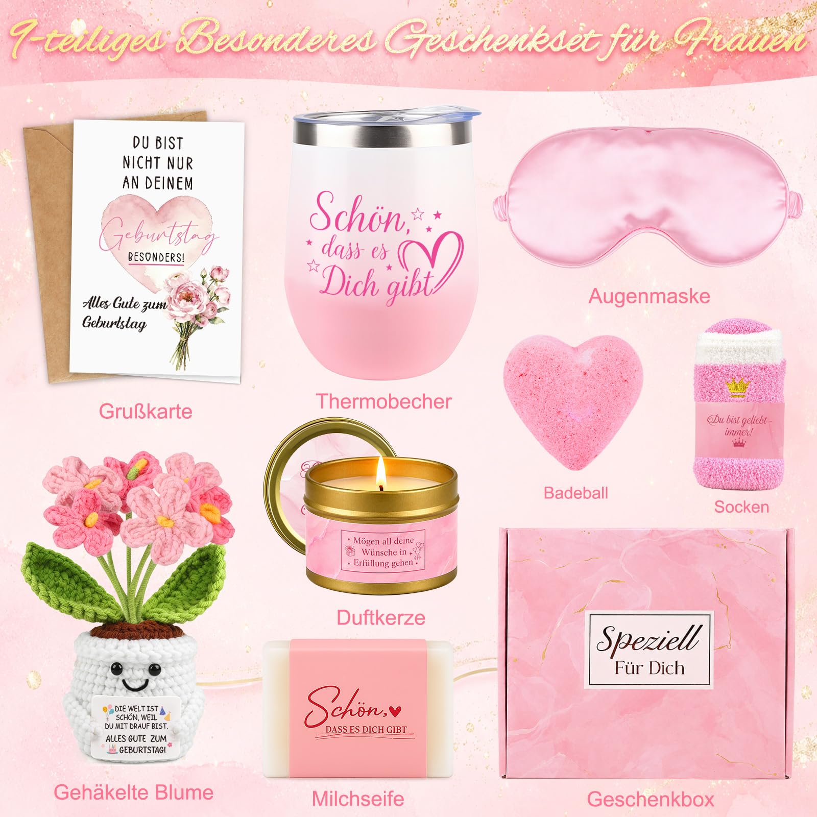 TUZELIYA 40 Geburtstag Frauen, 8tlg. Geschenke zum 40. Geburtstag Frauen mit Grußkarte, Positive Geburtstag Geschenkset für Beste Freundin, Mama Schwester Ehefrau Tante, Schönes Geburtstagsgeschenk