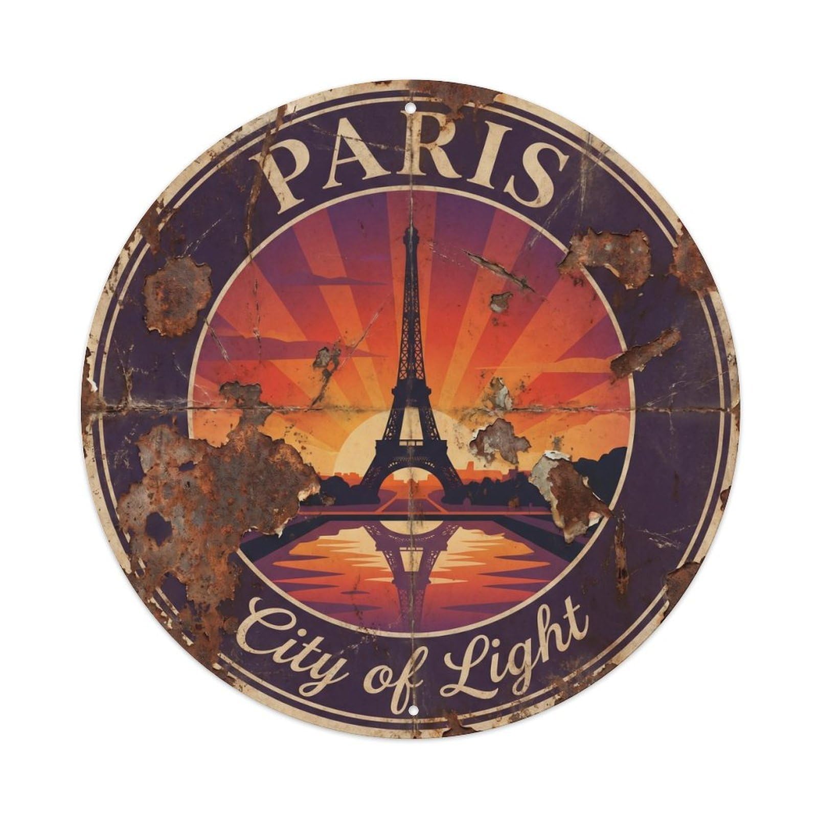 Vintage Travel Eiffel Tower Sunset Metal Tin Sign Plaque Wall Decor for Cafe, Club, Garden Round Metal Poster 8x8Inch