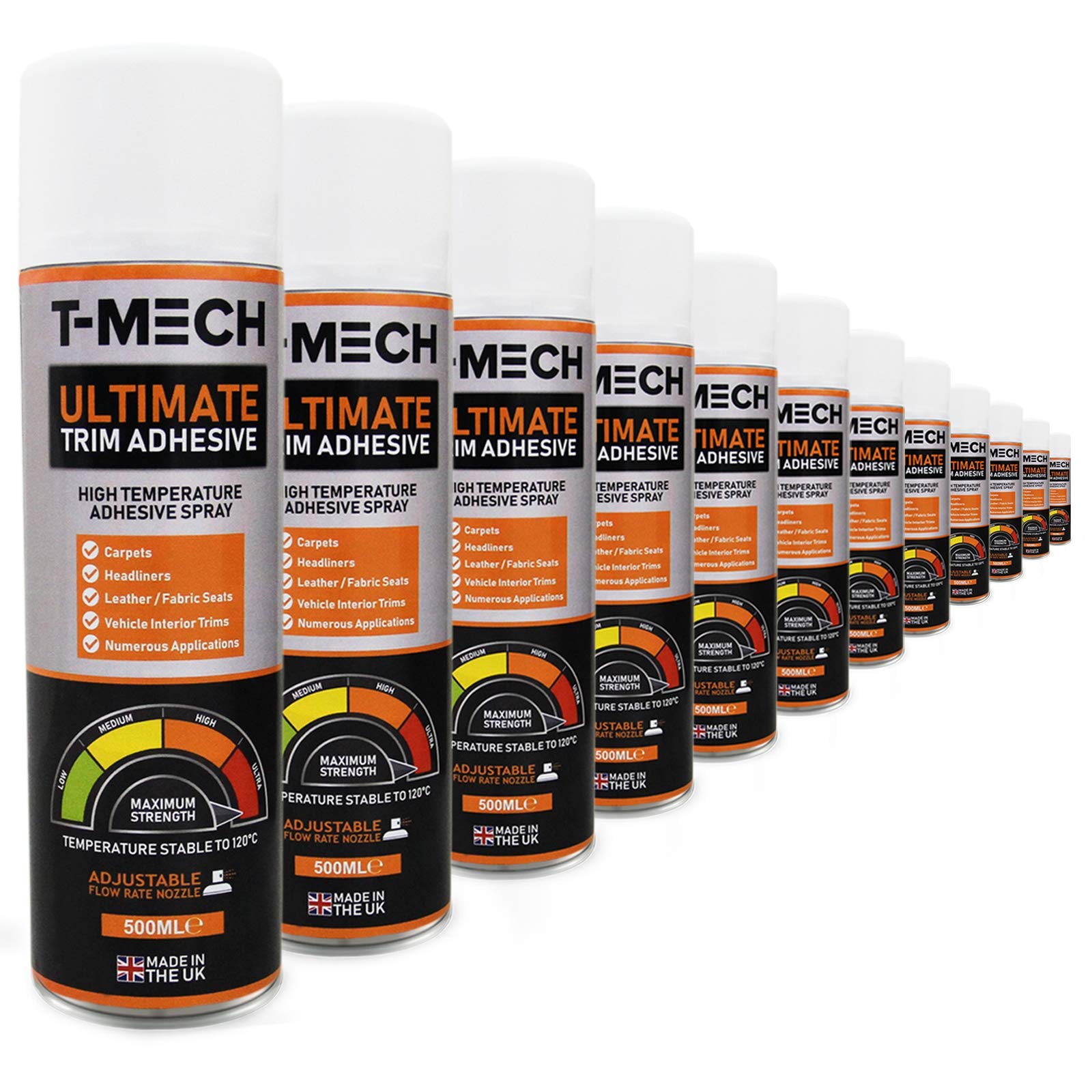 12 Canettes de Glue 500ml Bombe de Colle Spray Adhésif - Parfait pour Tapis, Textile, Cuir, Garniture, Intérieur pour Véhicule, Bricolage DIY - Résistance Température 120 Degrés - Buse Spray Ajustable