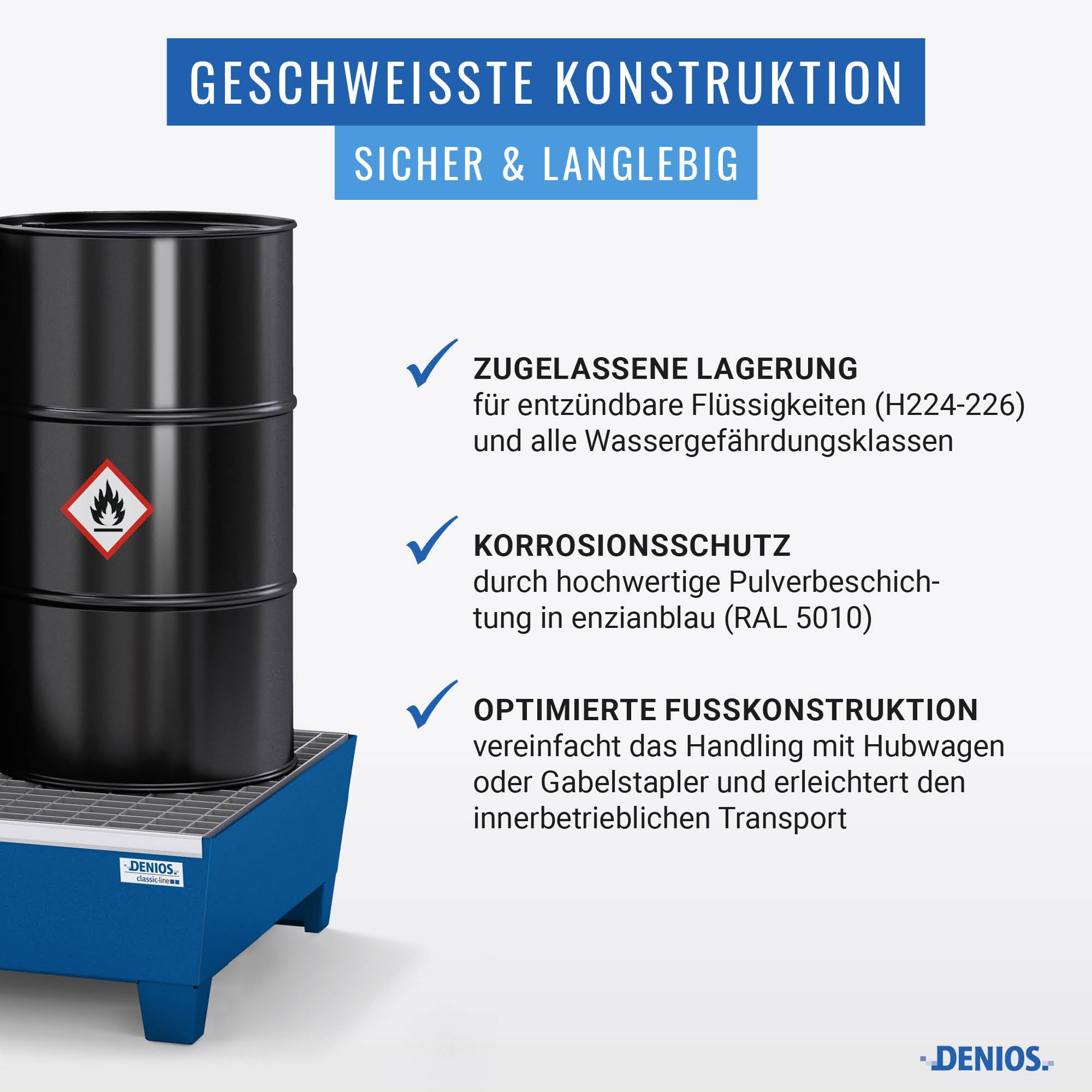 DENIOS Auffangwanne aus Stahl | mit Gitterrost und Stellfüßen | blau | BxHxT 635 x 278 x 785 mm | Volumen 65 Liter | 2 Fässer | Arbeitssicherheit Notfall-Umweltschutz-Produkte säurefest